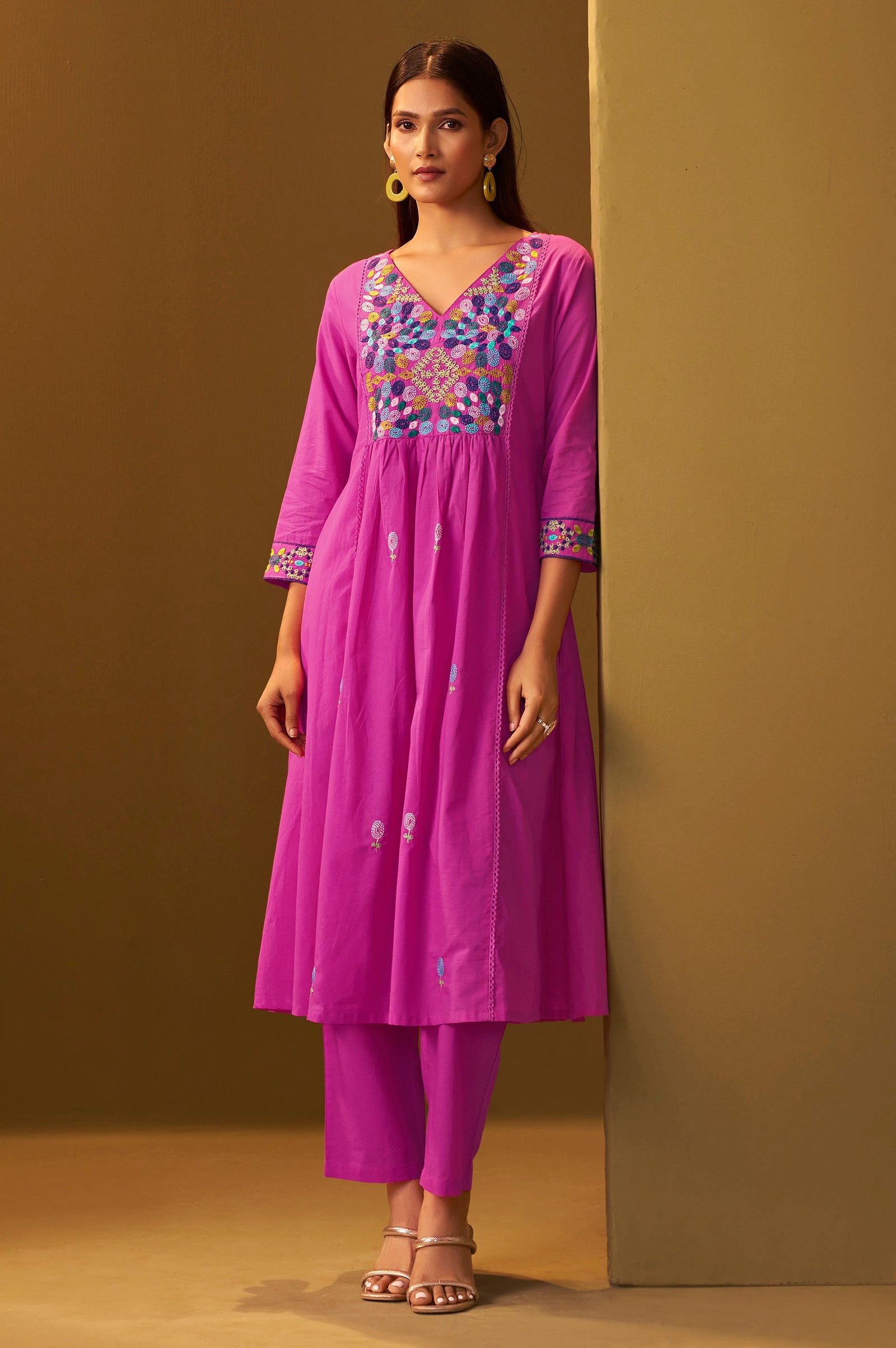 Blush Bloom Pure Cotton Embroidered Flared Kurta Set