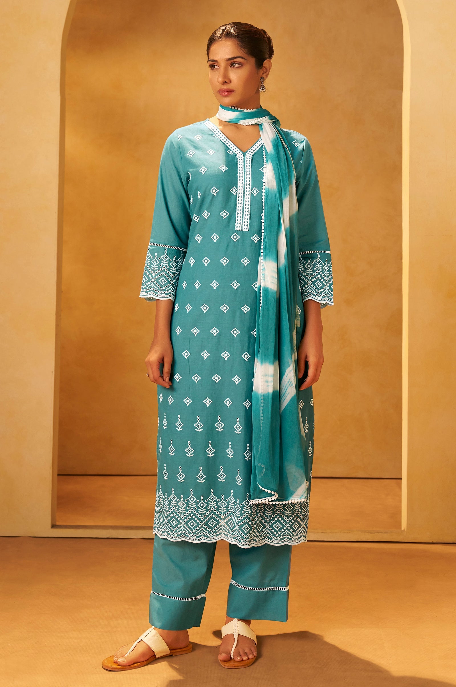 Ocean Mist Schiffli Embroidered Cotton Kurta Set