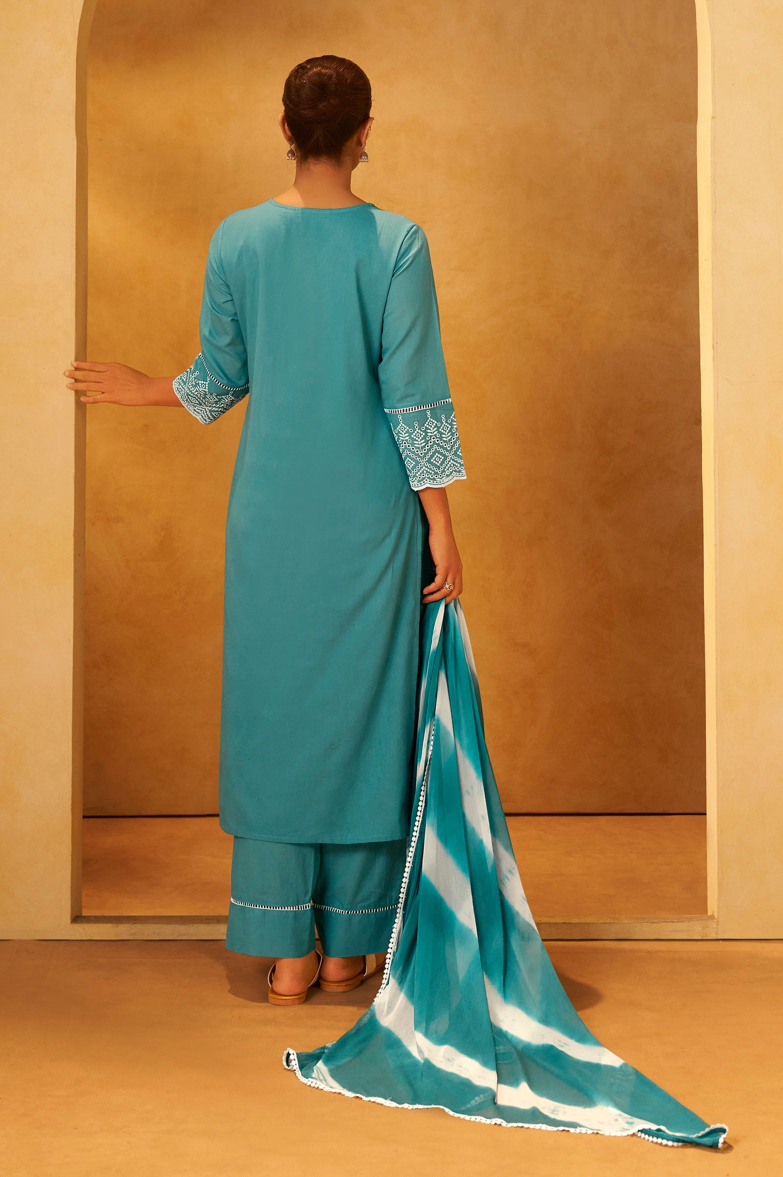 Ocean Mist Schiffli Embroidered Cotton Kurta Set