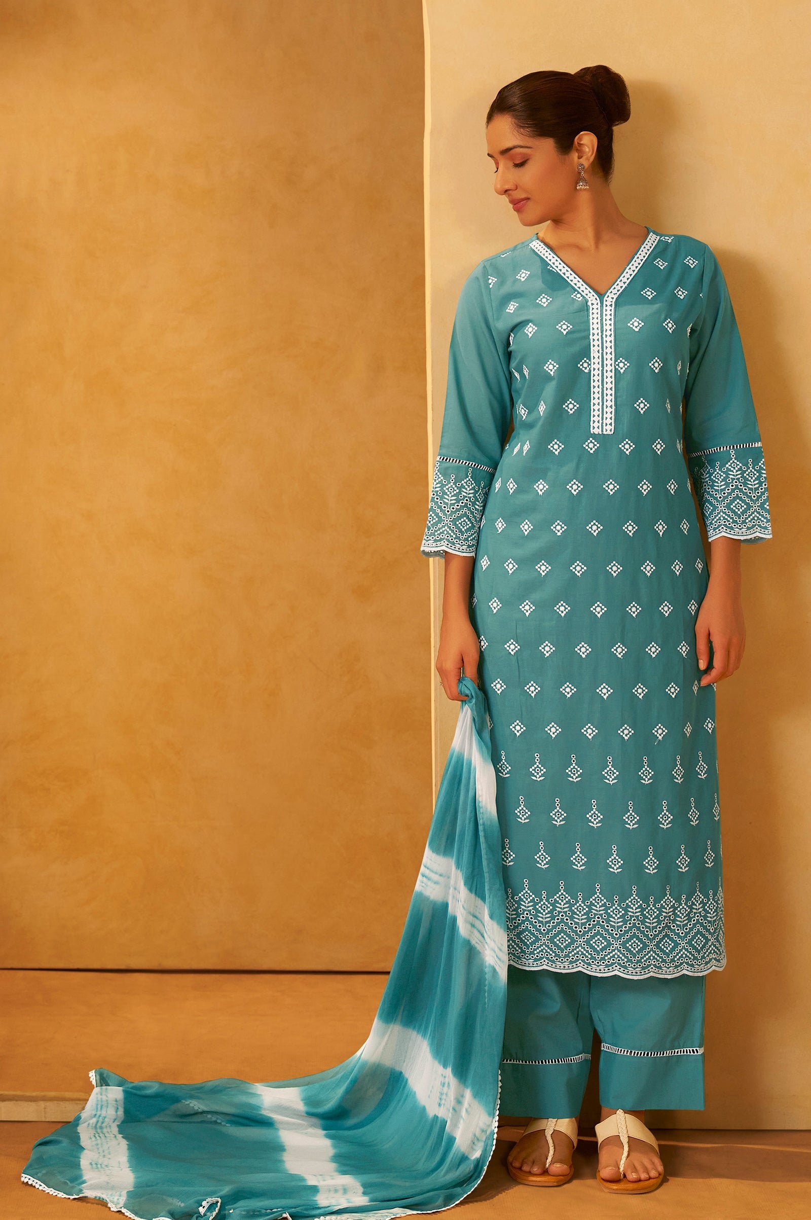 Ocean Mist Schiffli Embroidered Cotton Kurta Set