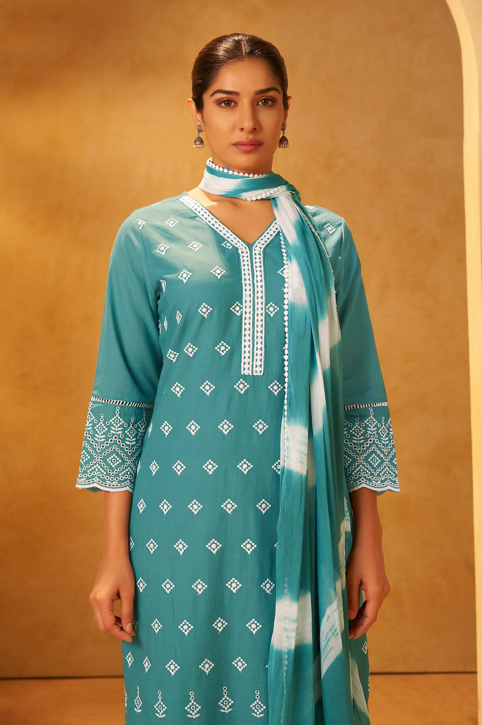 Ocean Mist Schiffli Embroidered Cotton Kurta Set
