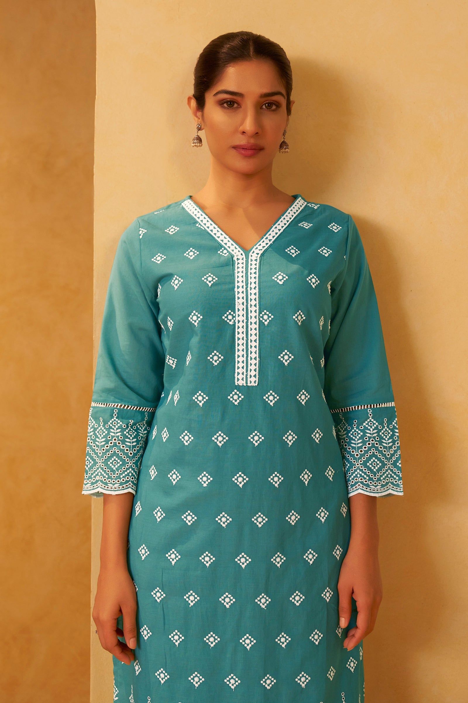 Ocean Mist Schiffli Embroidered Cotton Kurta Set