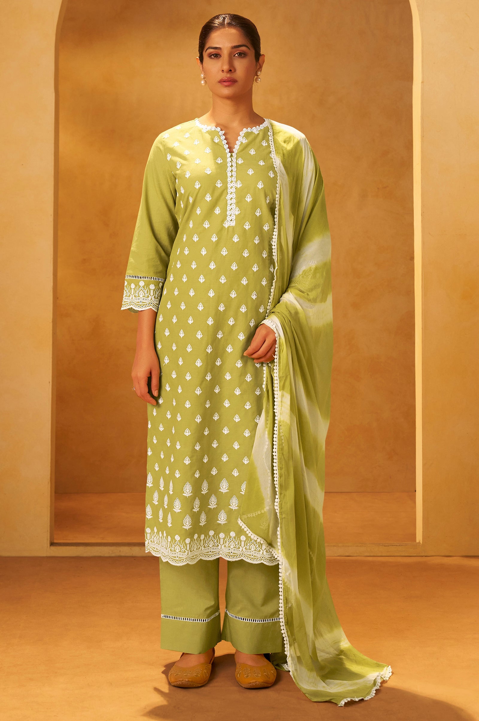 Mint Blossom Schiffli Embroidered Cotton Kurta Set