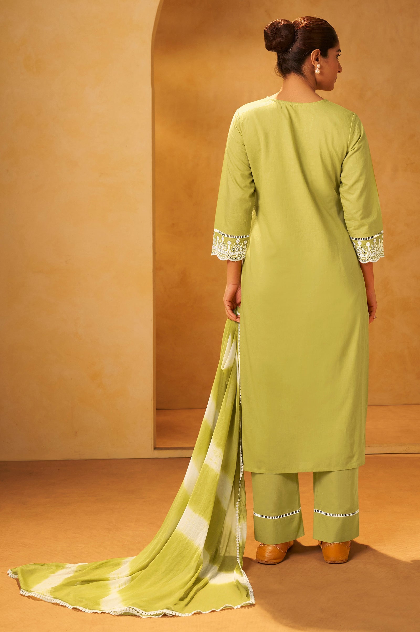 Mint Blossom Schiffli Embroidered Cotton Kurta Set