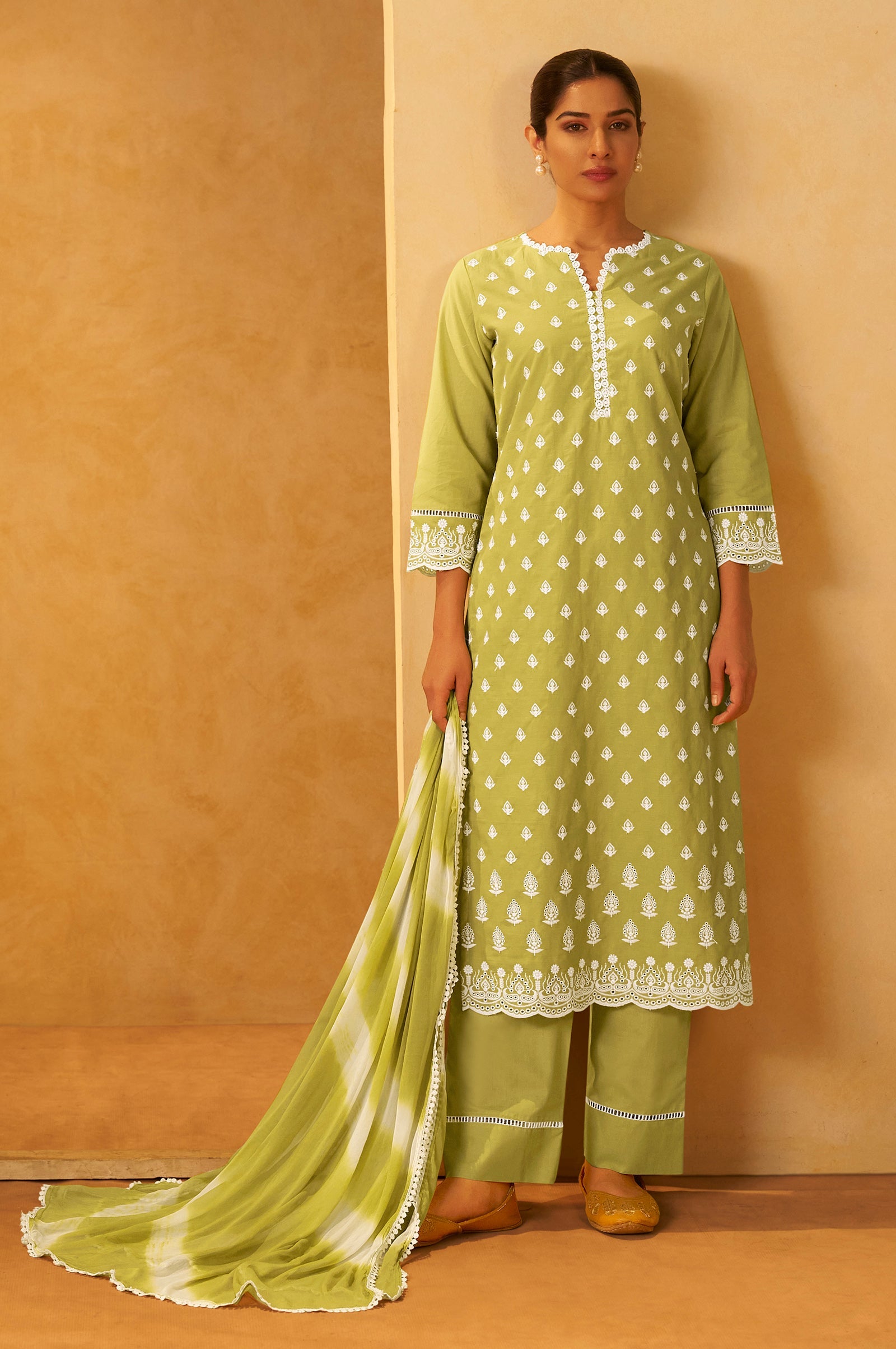 Mint Blossom Schiffli Embroidered Cotton Kurta Set