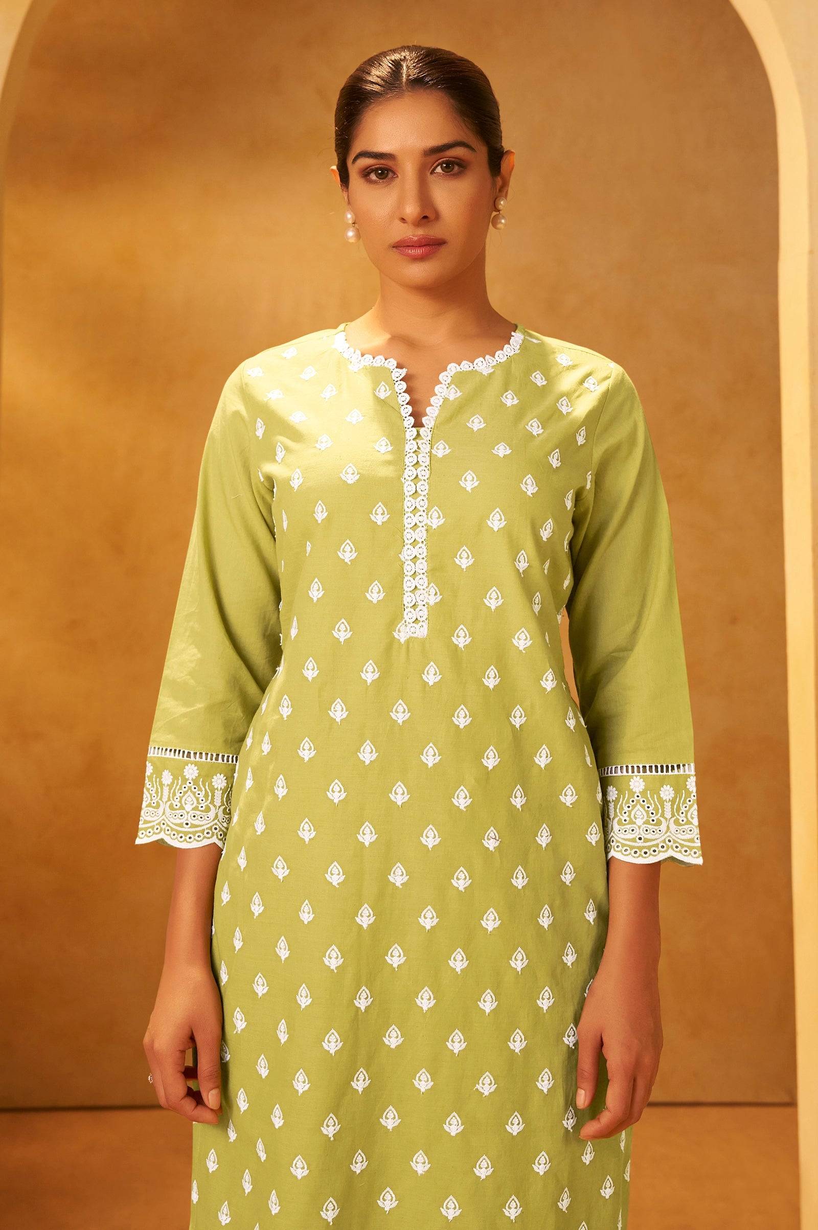 Mint Blossom Schiffli Embroidered Cotton Kurta Set
