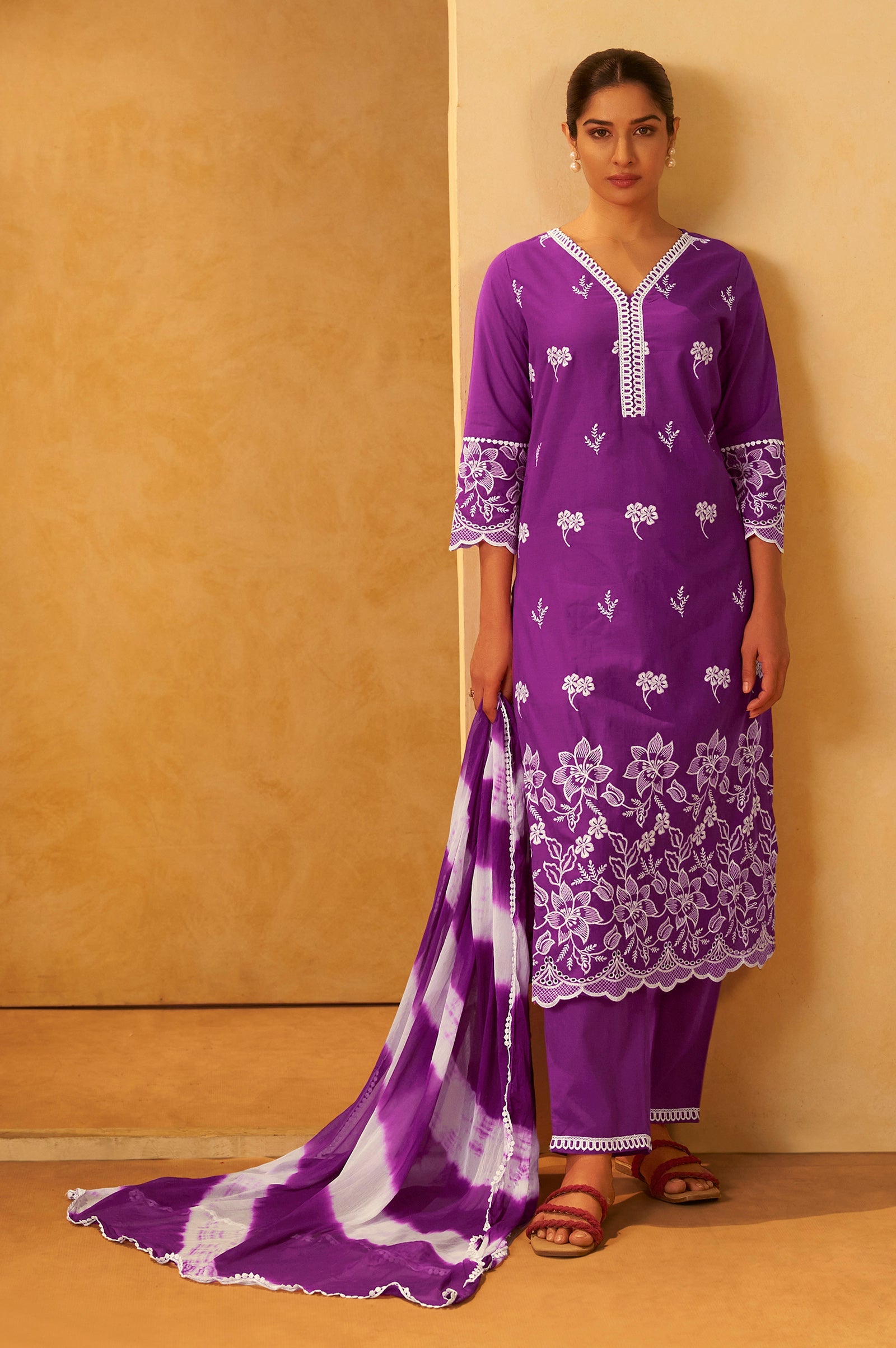 Royal Amethyst Schiffli Embroidered Cotton Kurta Set