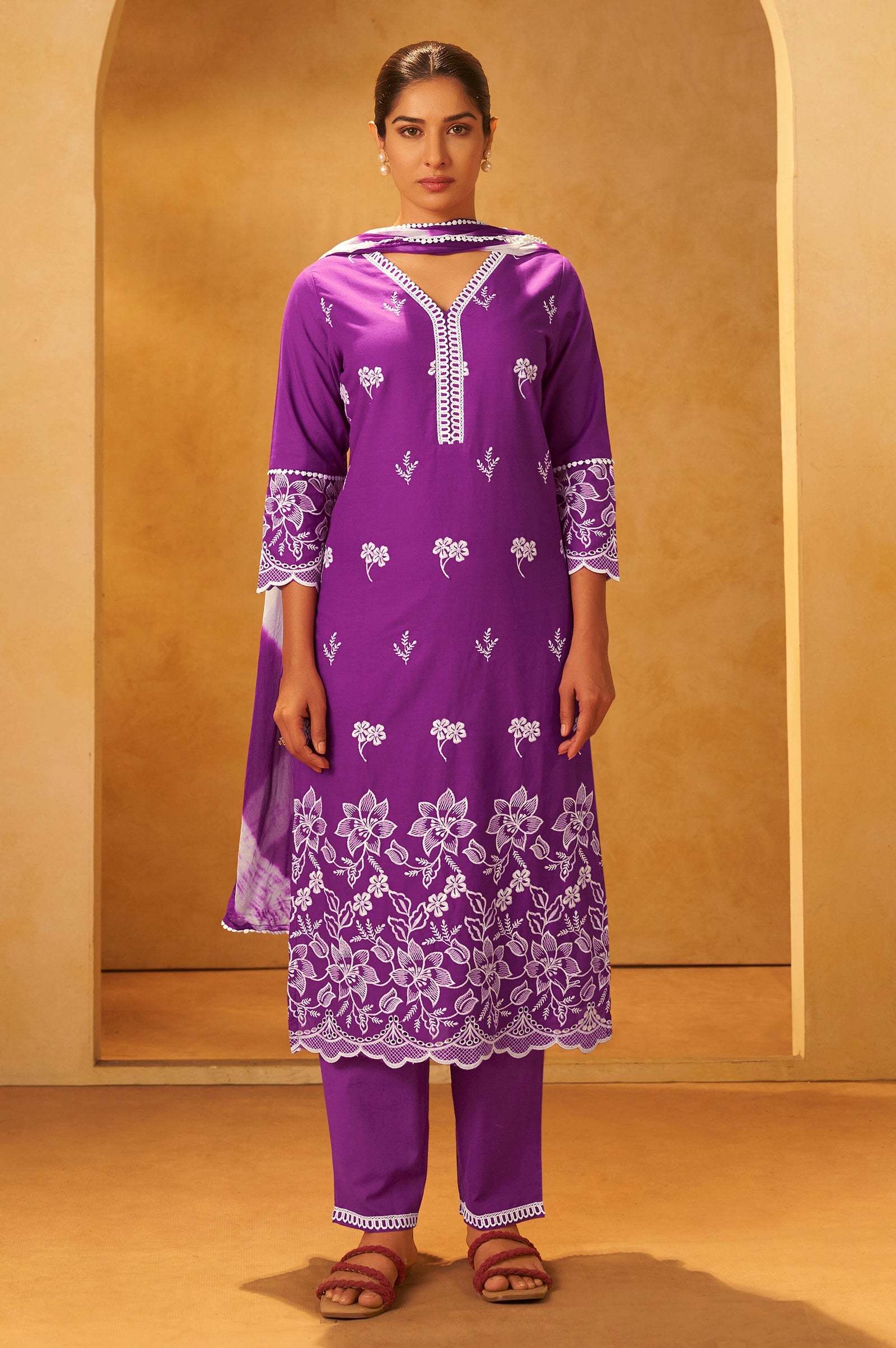Royal Amethyst Schiffli Embroidered Cotton Kurta Set