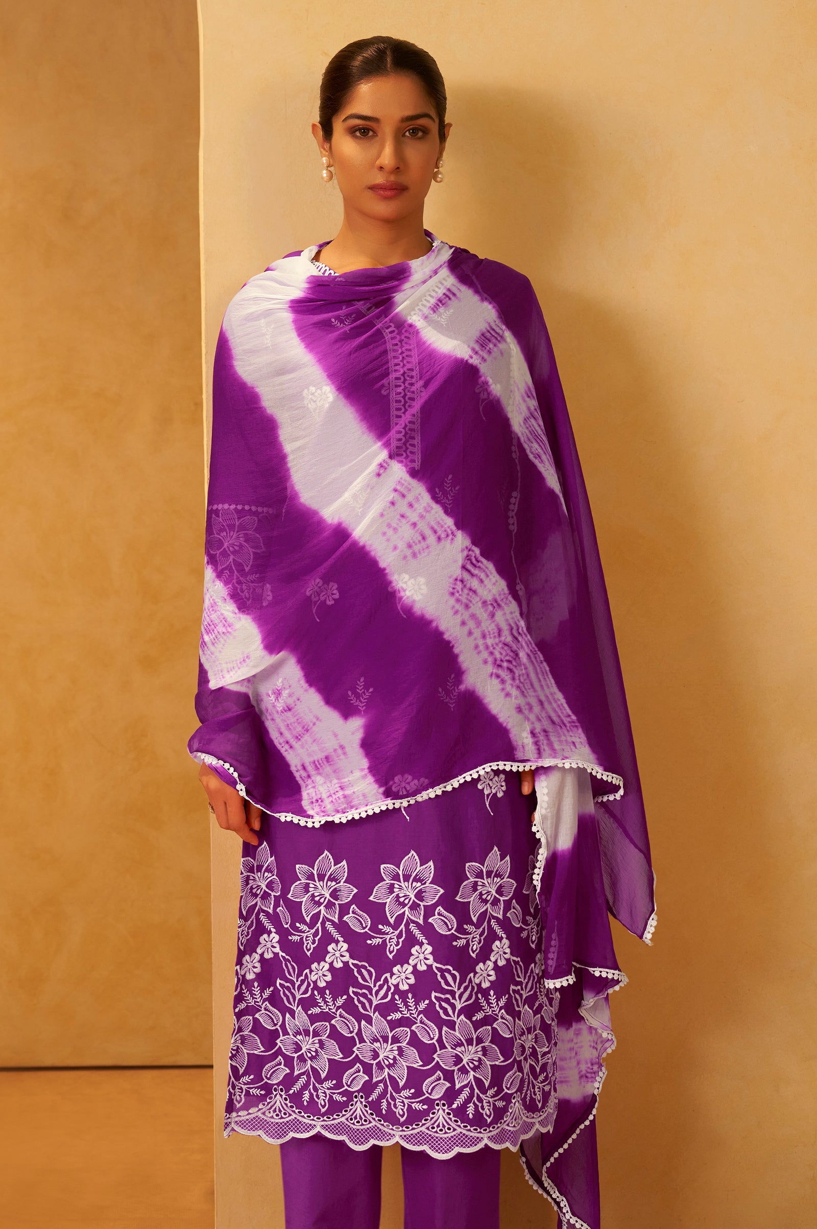 Royal Amethyst Schiffli Embroidered Cotton Kurta Set