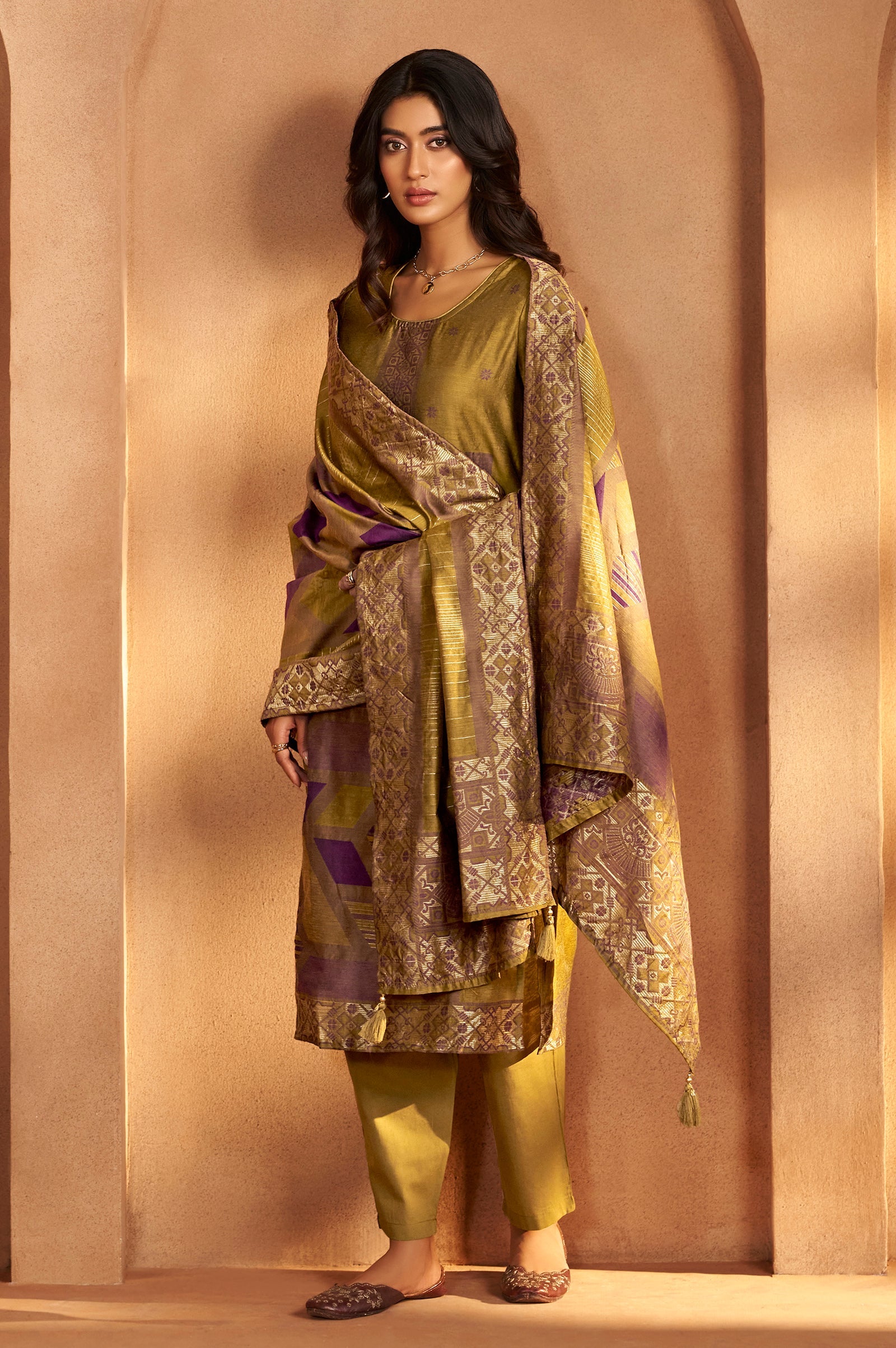 Golden Mustard Jacquard Kurta Set