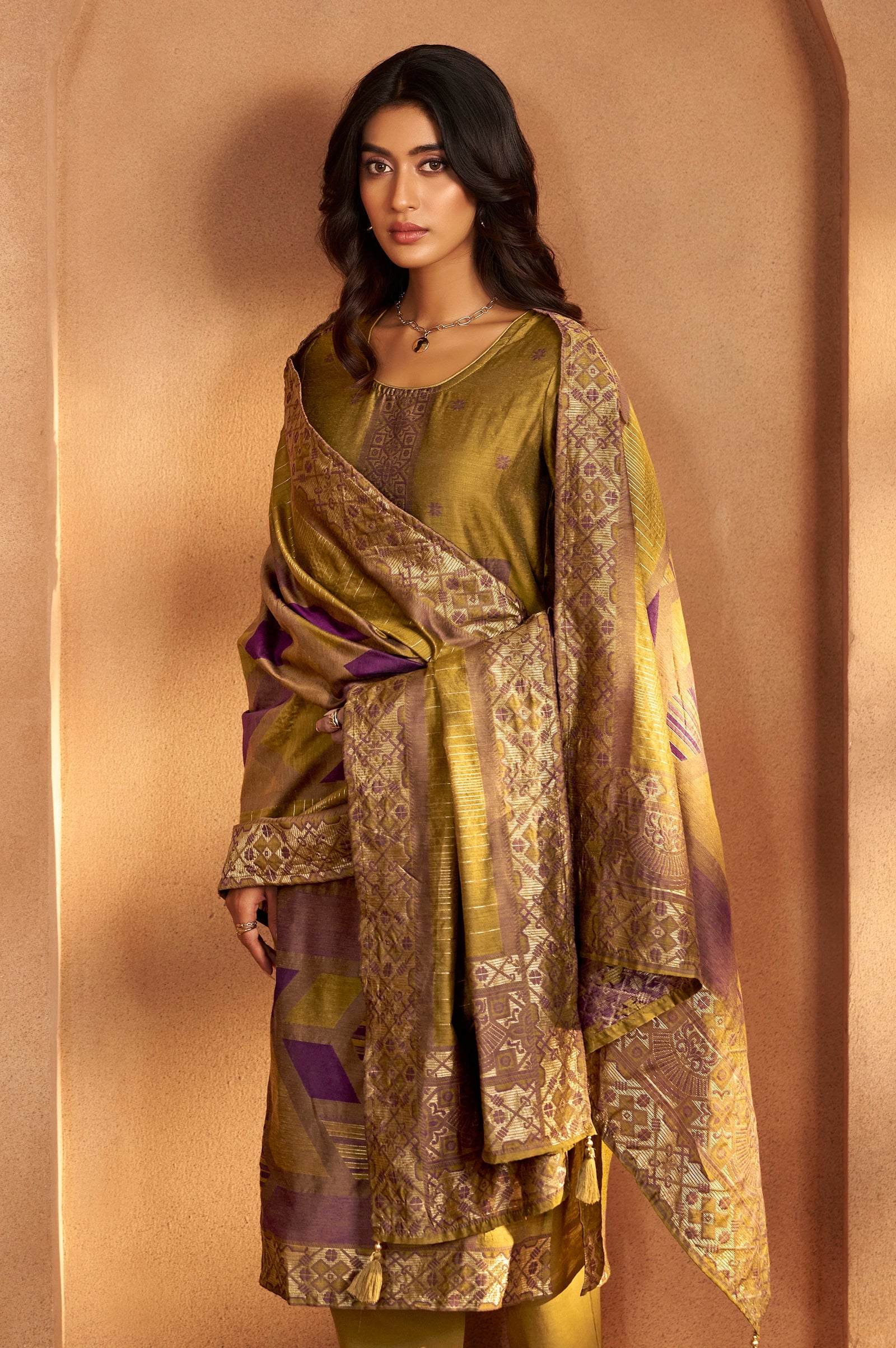 Golden Mustard Jacquard Kurta Set