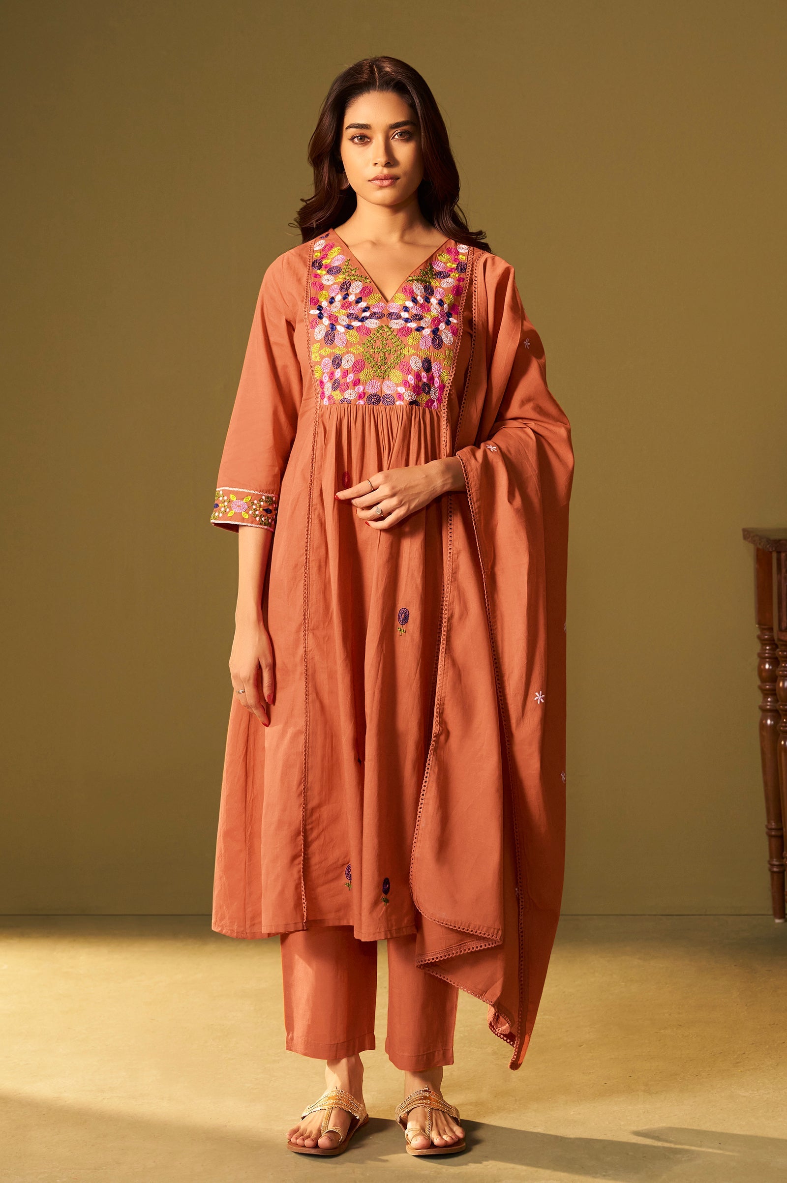 Sunset Bloom Pure Cotton Embroidered Flared Kurta Set