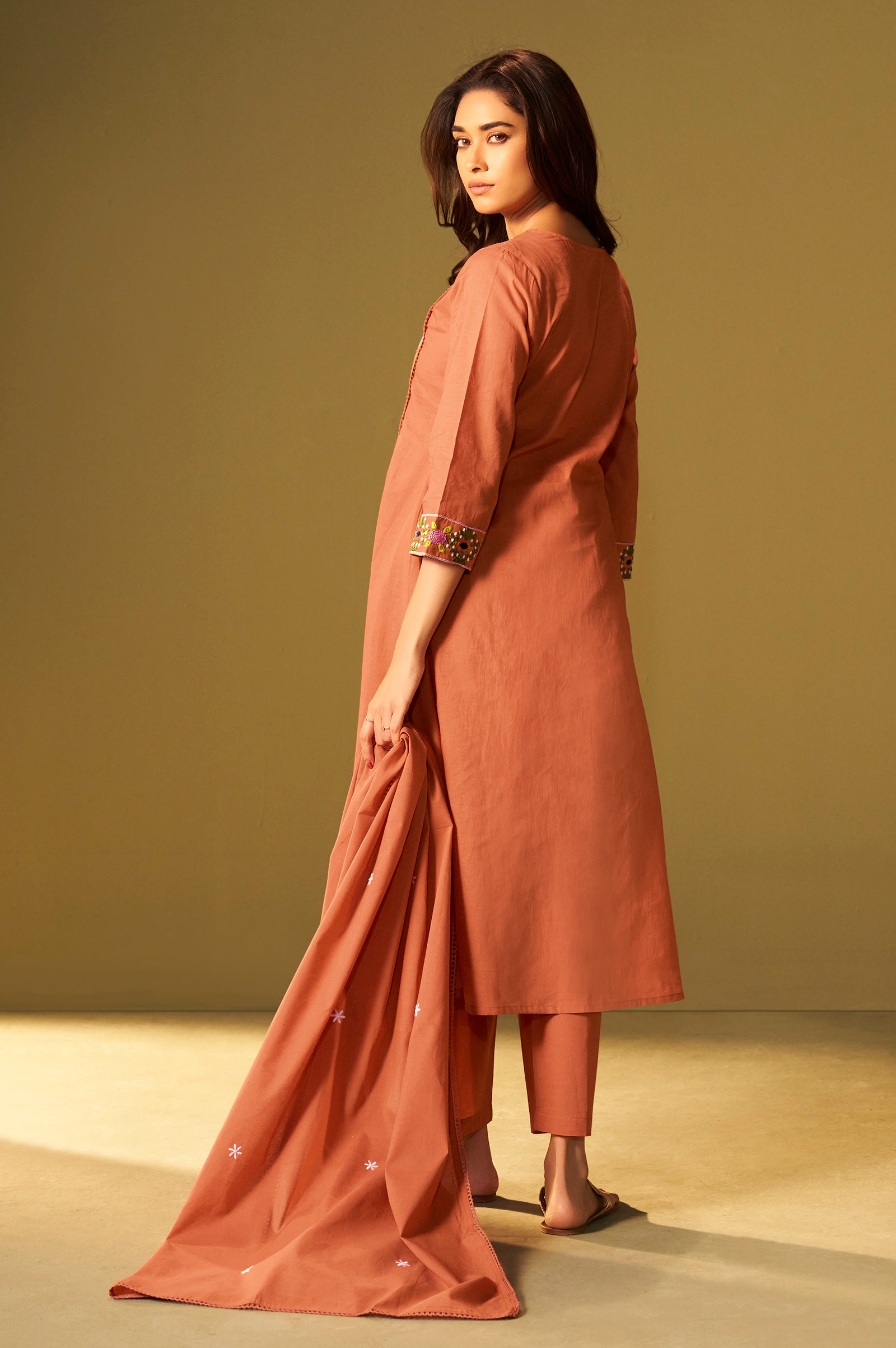 Sunset Bloom Pure Cotton Embroidered Flared Kurta Set