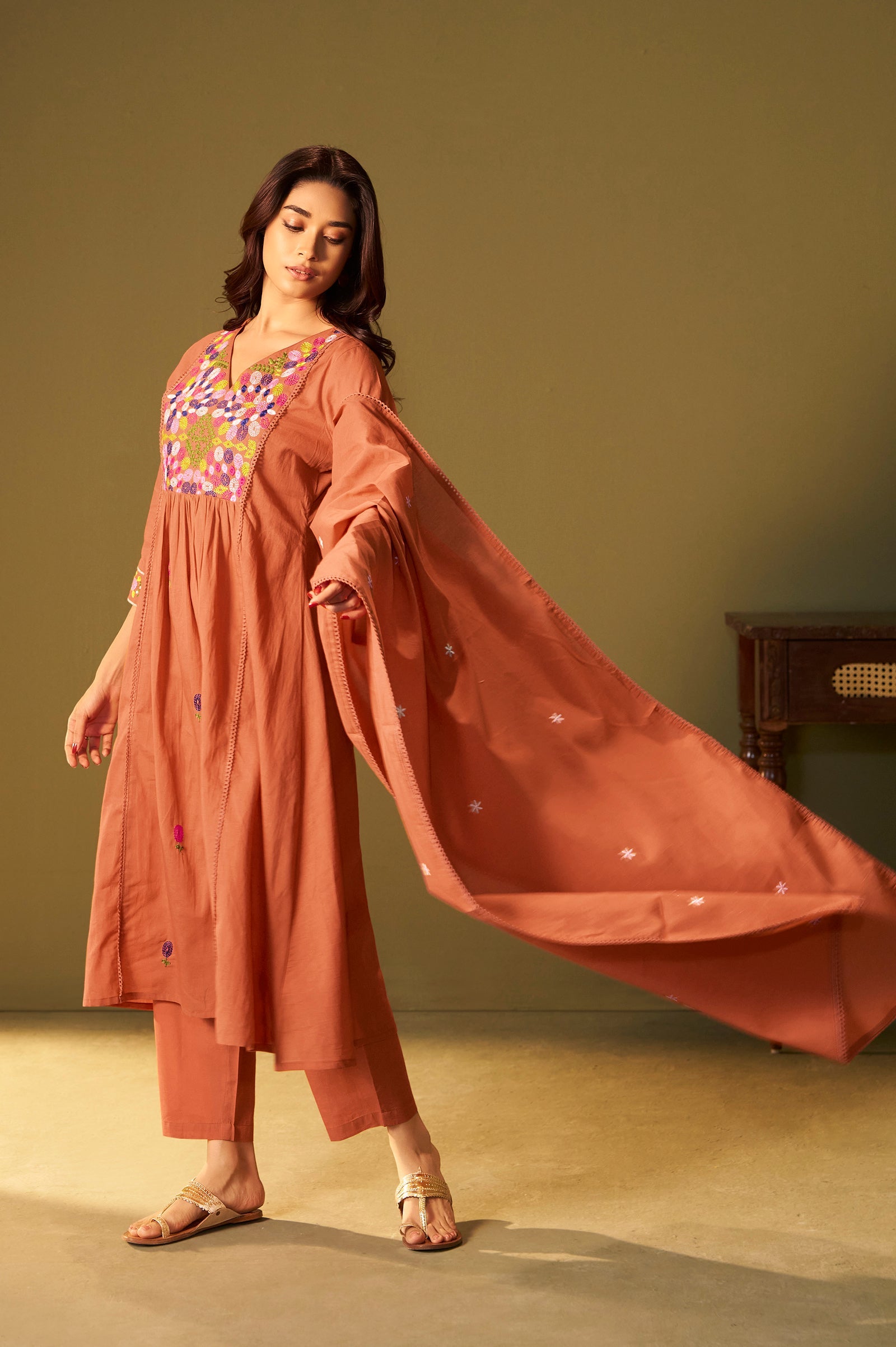 Sunset Bloom Pure Cotton Embroidered Flared Kurta Set