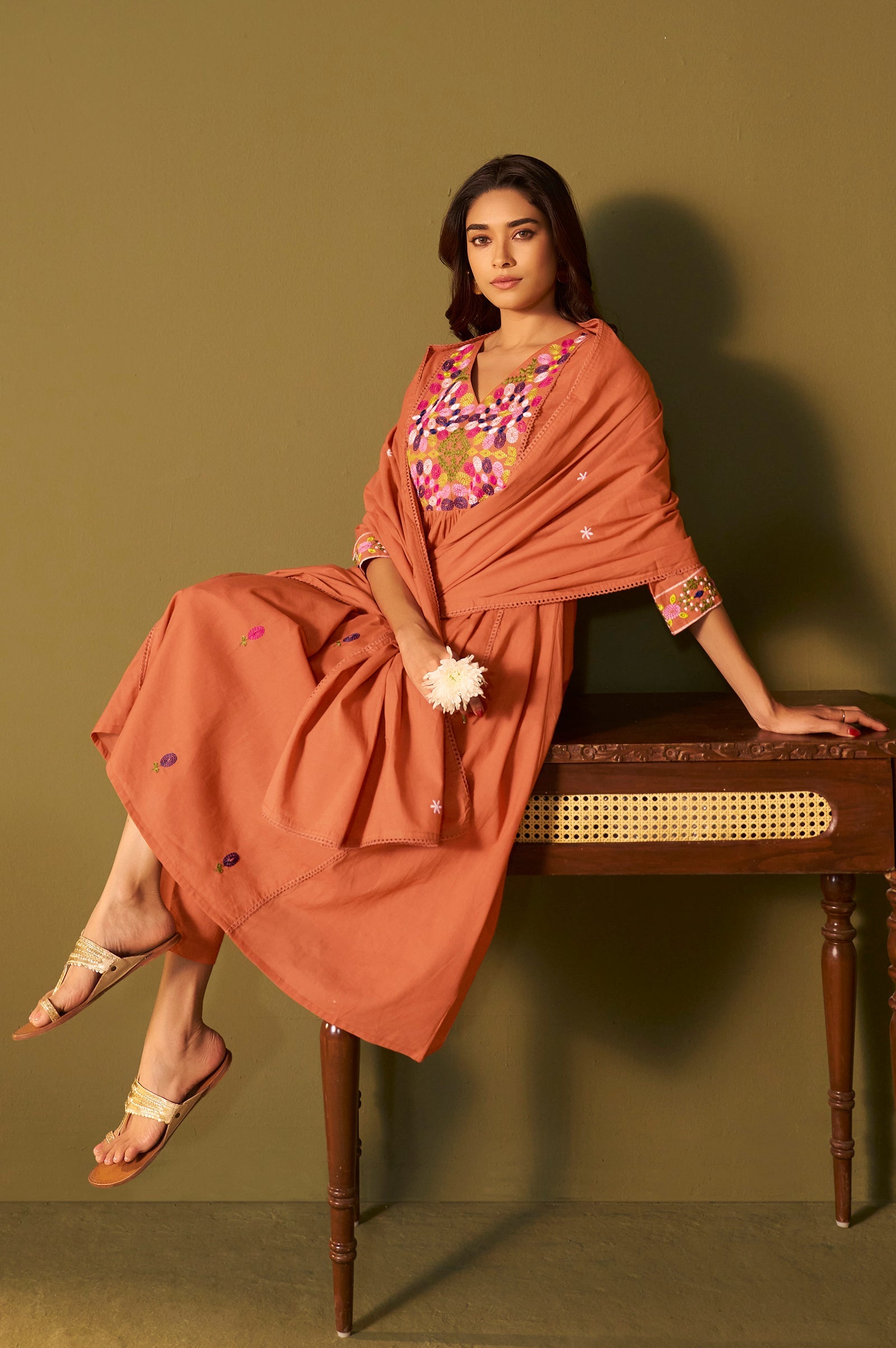 Sunset Bloom Pure Cotton Embroidered Flared Kurta Set
