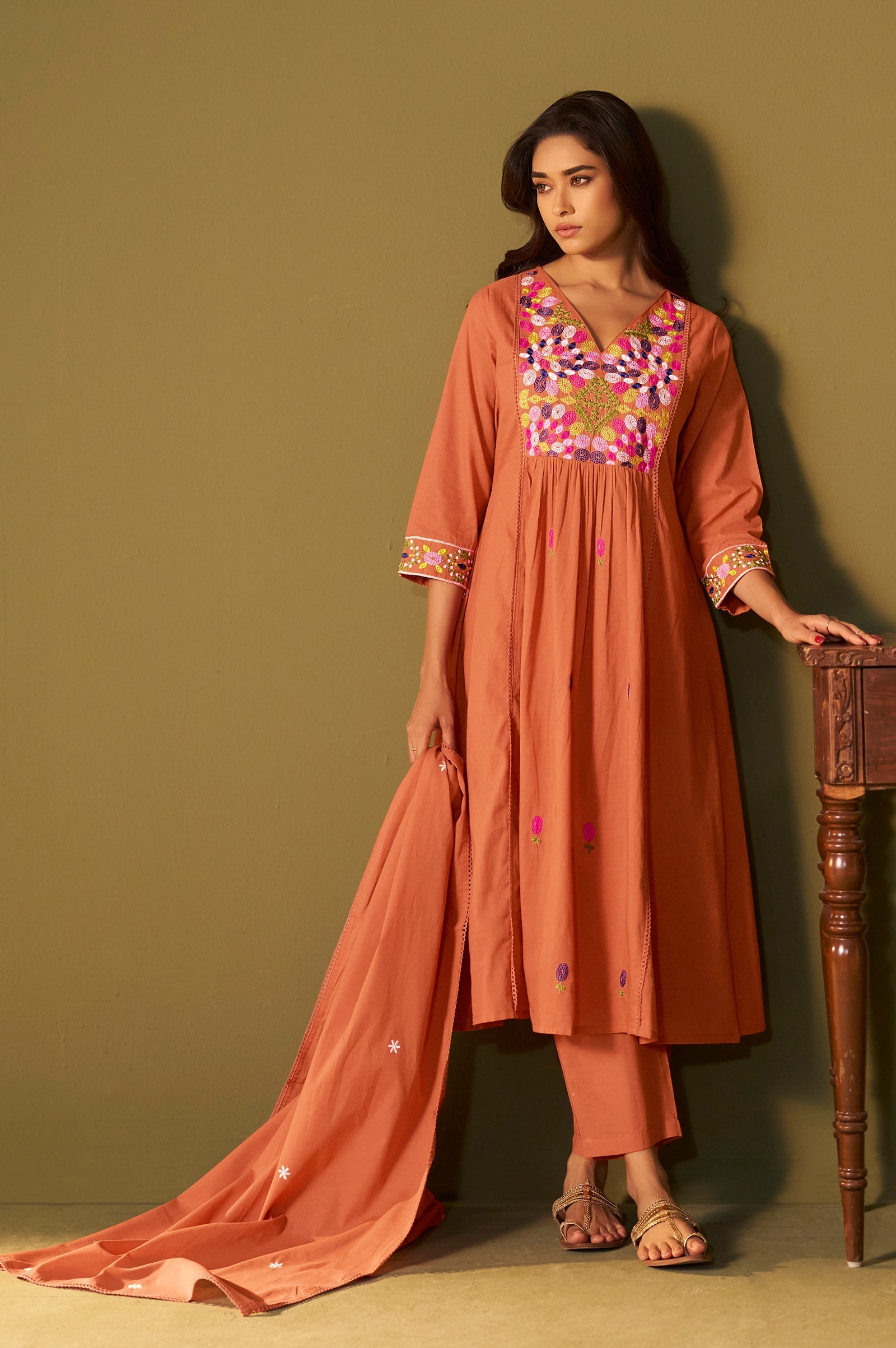 Sunset Bloom Pure Cotton Embroidered Flared Kurta Set