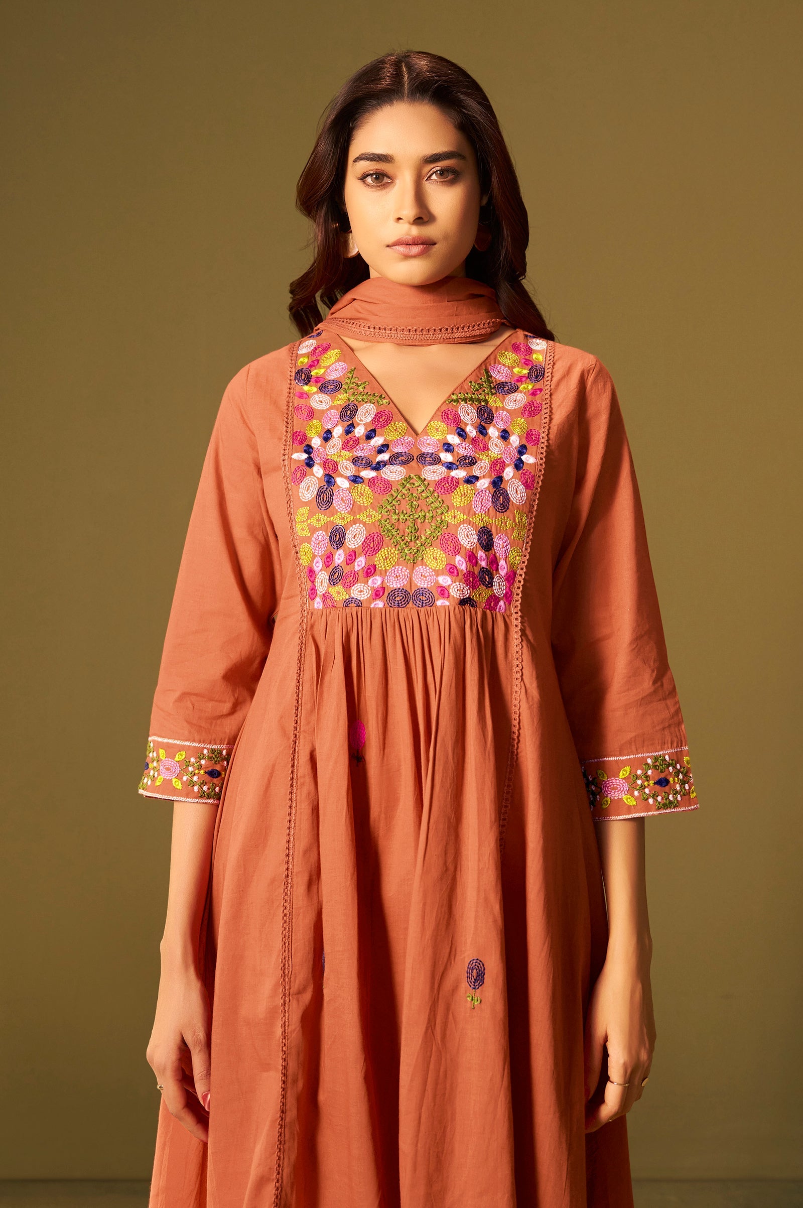 Sunset Bloom Pure Cotton Embroidered Flared Kurta Set