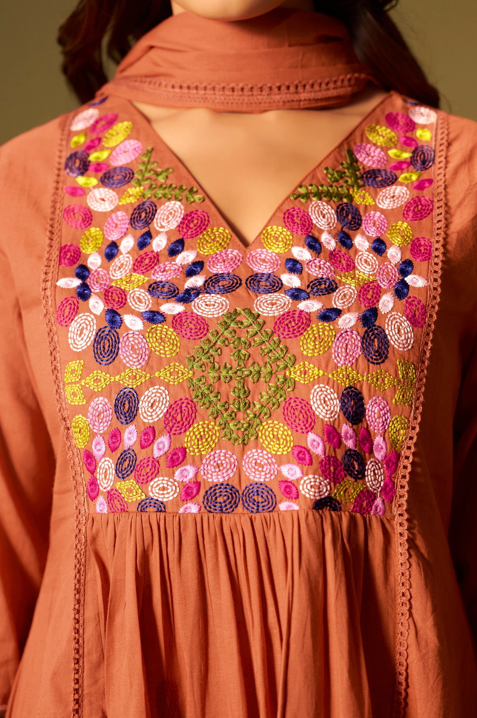 Sunset Bloom Pure Cotton Embroidered Flared Kurta Set
