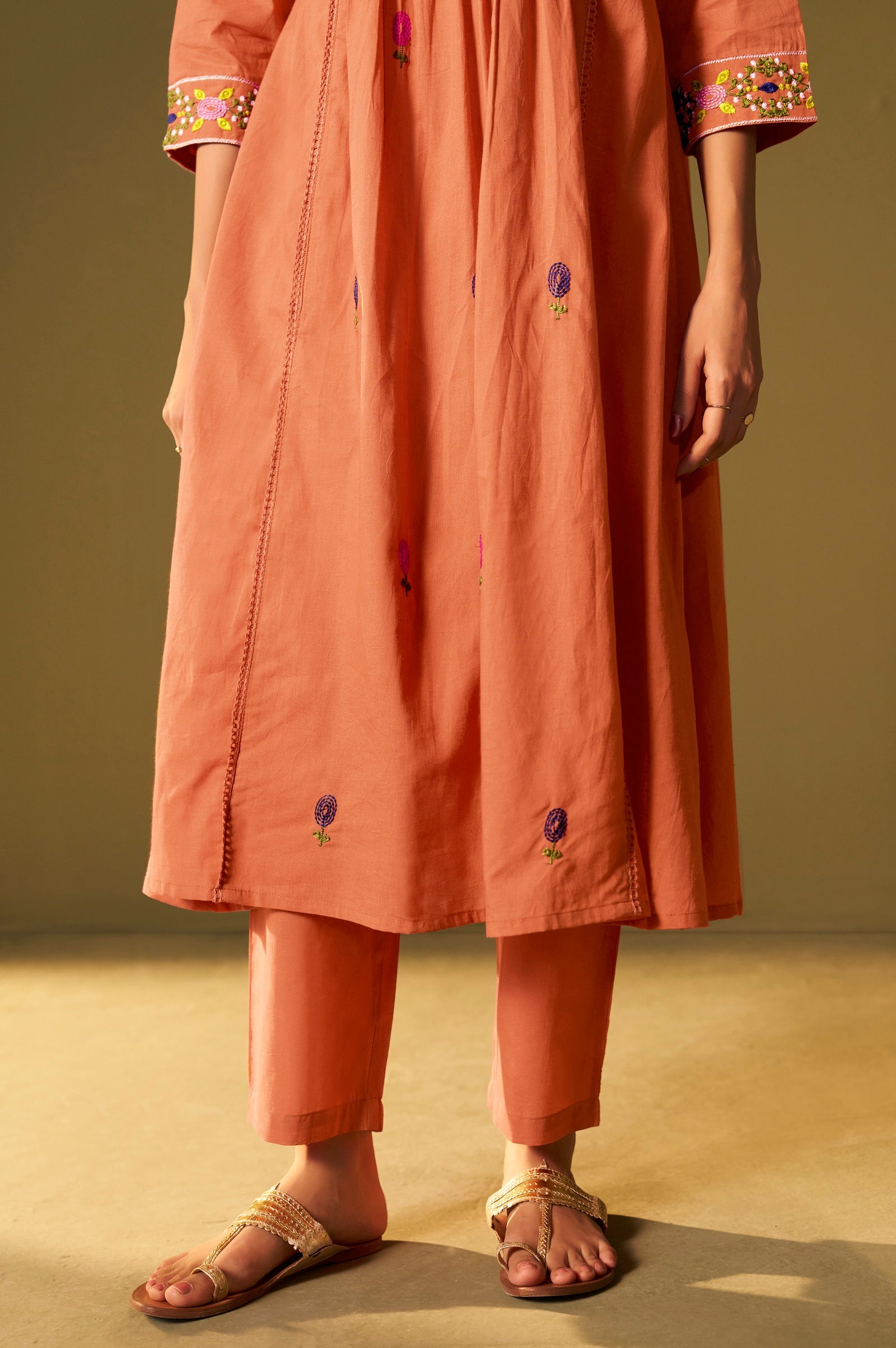 Sunset Bloom Pure Cotton Embroidered Flared Kurta Set
