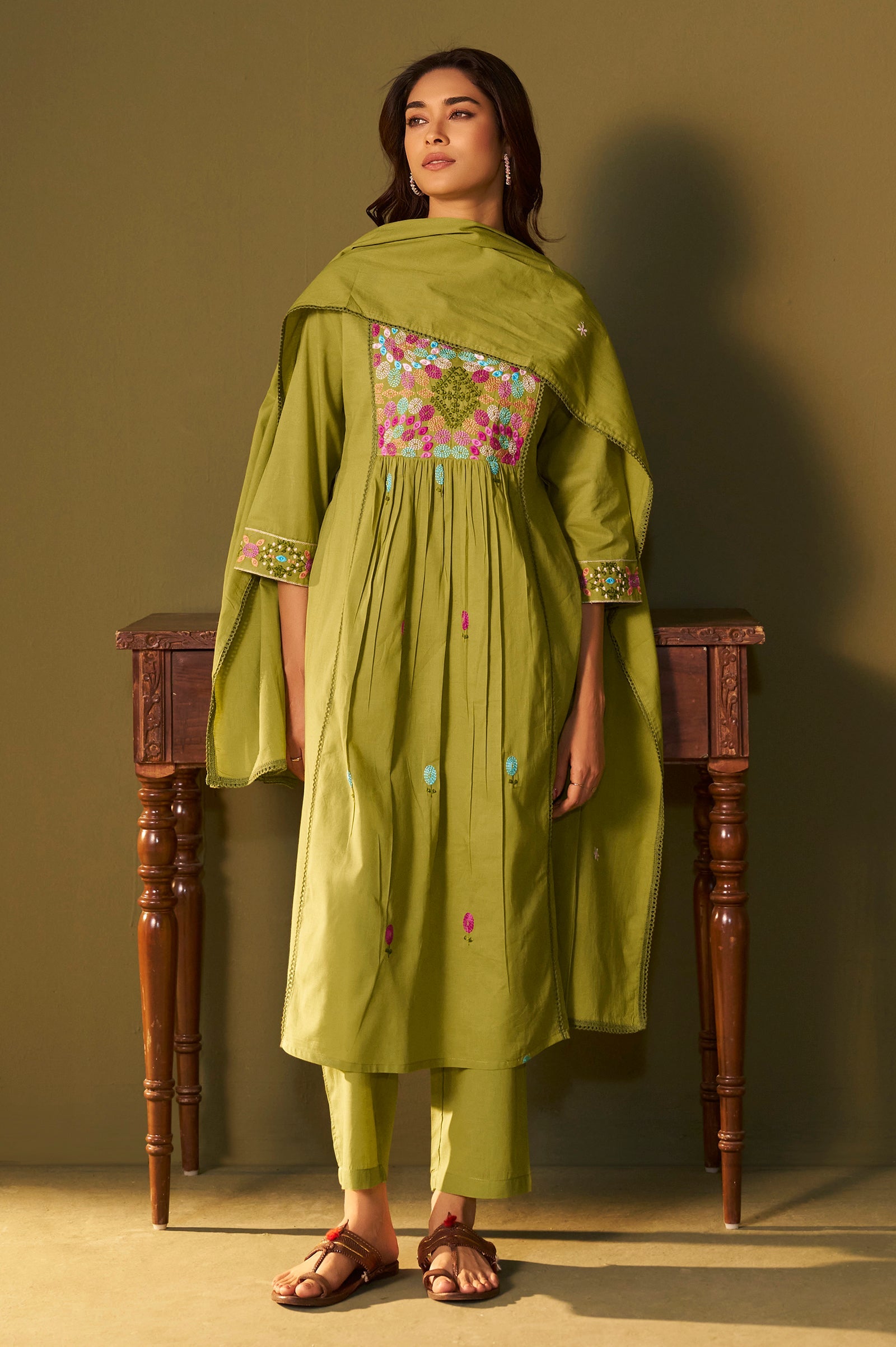 Emerald Bloom Pure Cotton Embroidered Flared Kurta Set