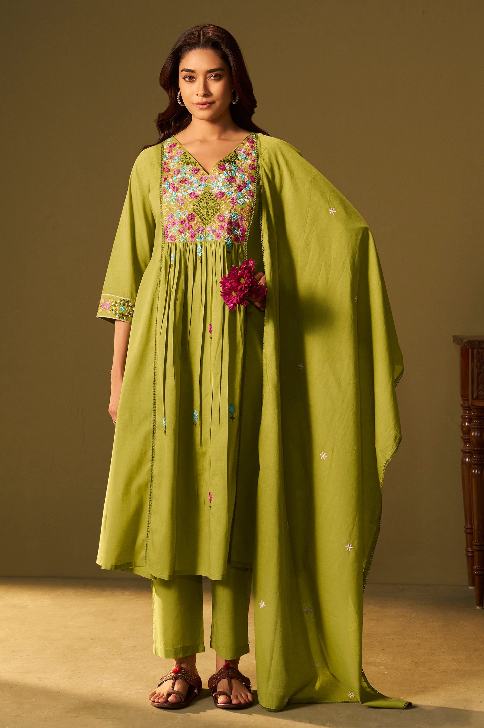 Emerald Bloom Pure Cotton Embroidered Flared Kurta Set