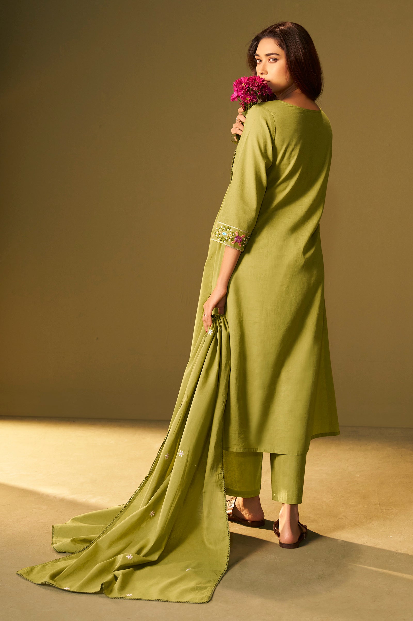 Emerald Bloom Pure Cotton Embroidered Flared Kurta Set