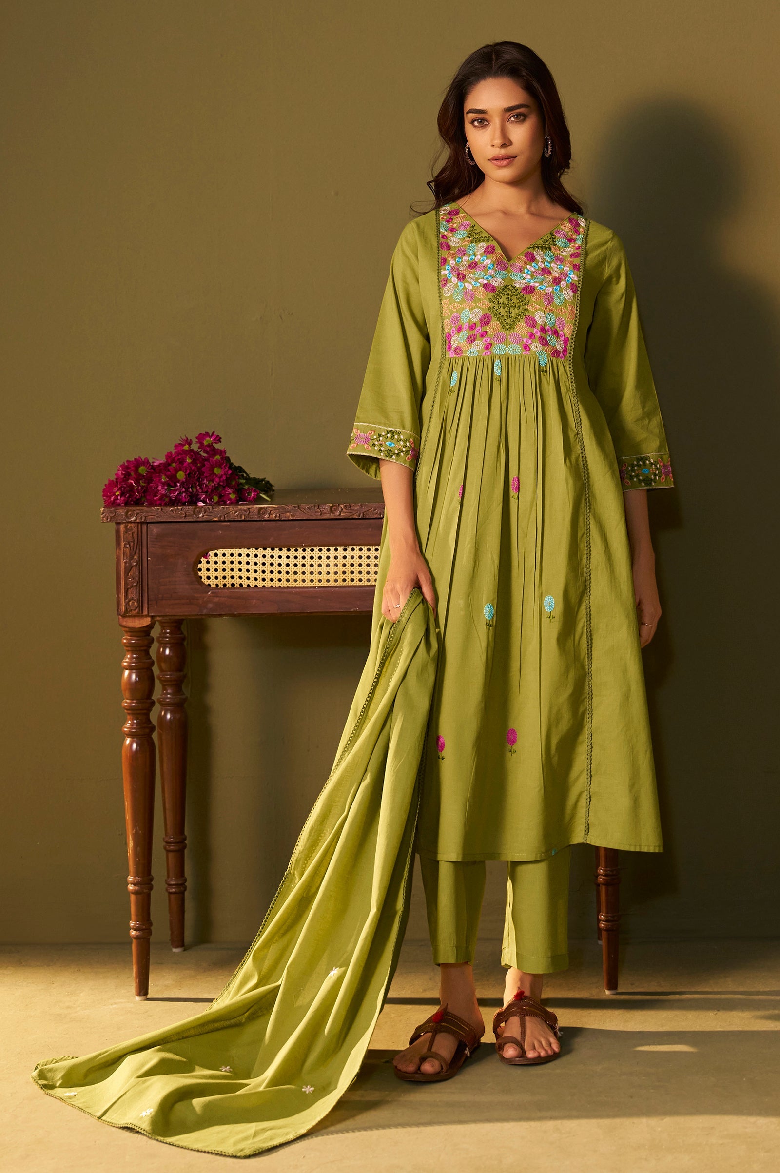Emerald Bloom Pure Cotton Embroidered Flared Kurta Set