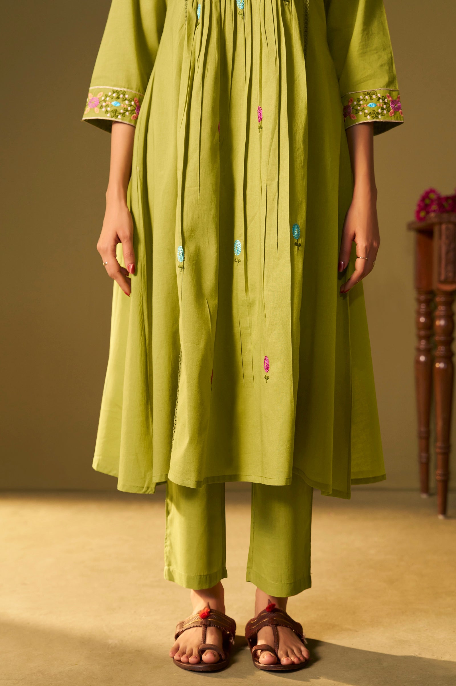 Emerald Bloom Pure Cotton Embroidered Flared Kurta Set