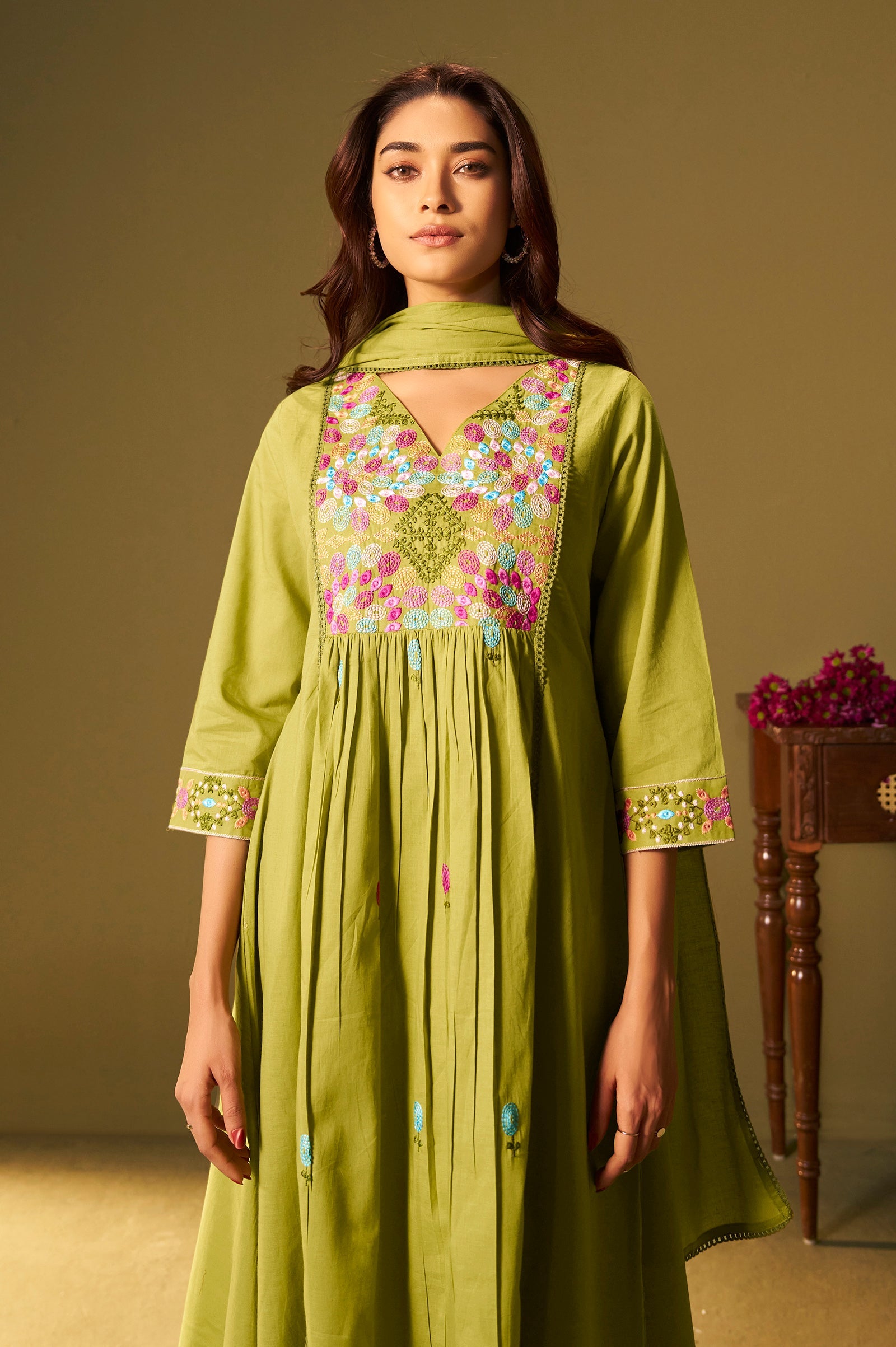 Emerald Bloom Pure Cotton Embroidered Flared Kurta Set