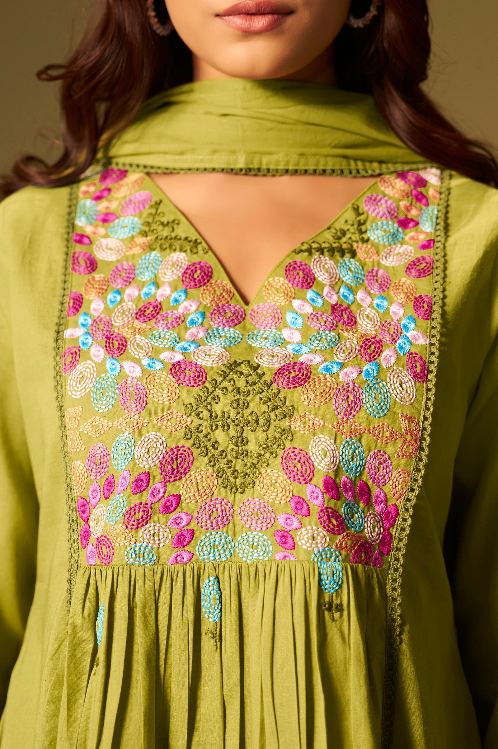 Emerald Bloom Pure Cotton Embroidered Flared Kurta Set