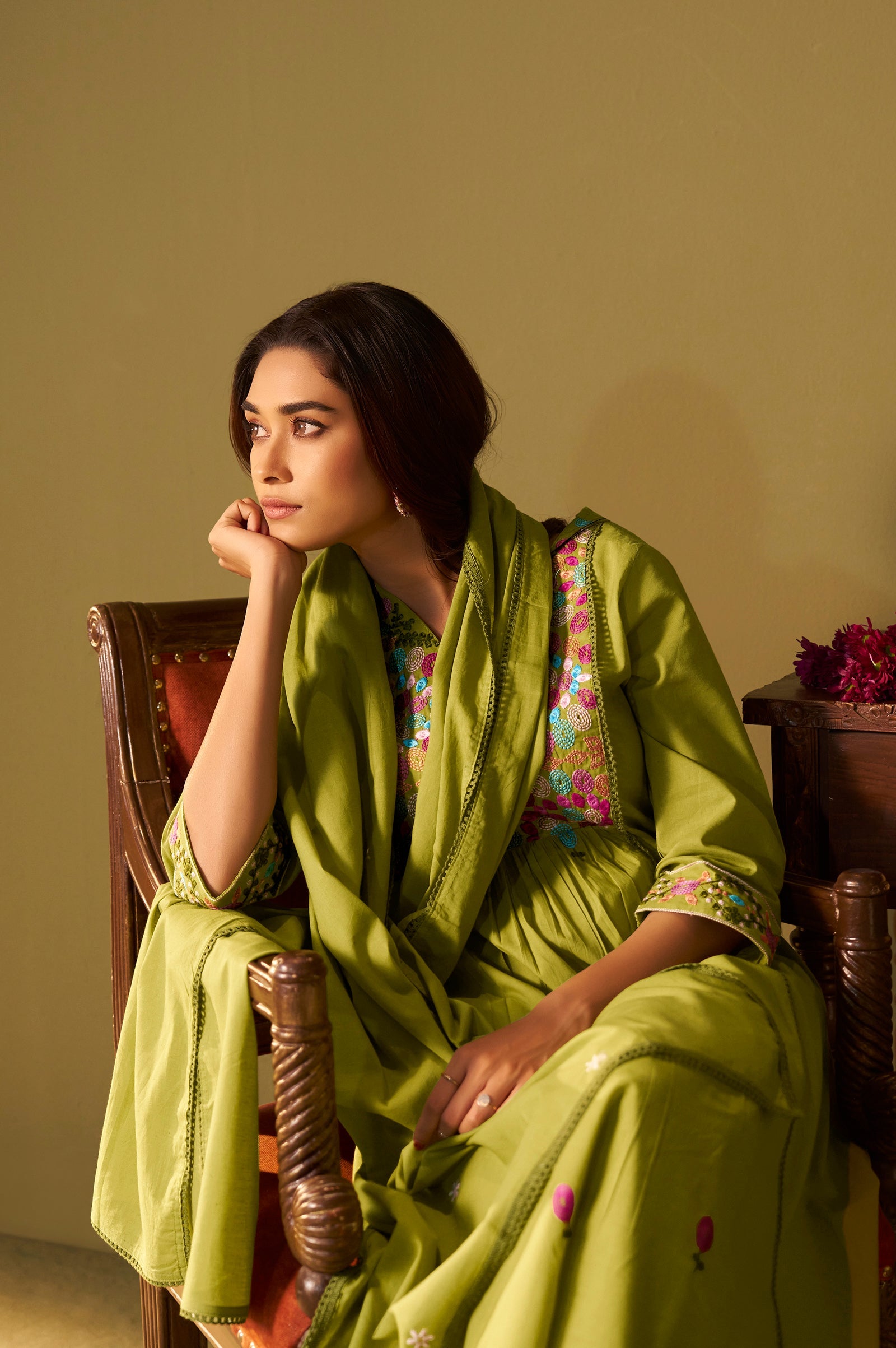 Emerald Bloom Pure Cotton Embroidered Flared Kurta Set