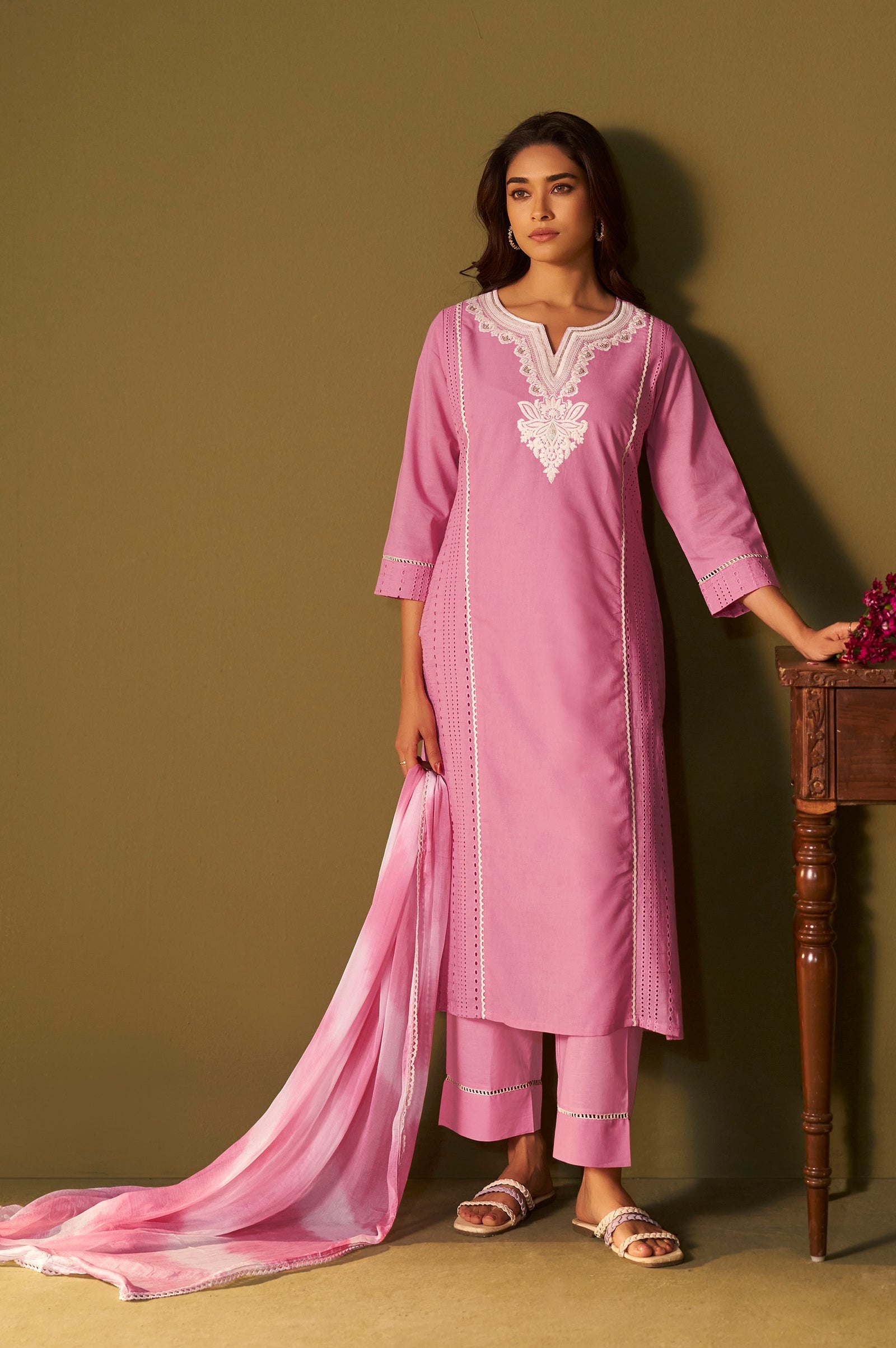Rosé Bloom Schiffli Embroidered Cotton Kurta Set