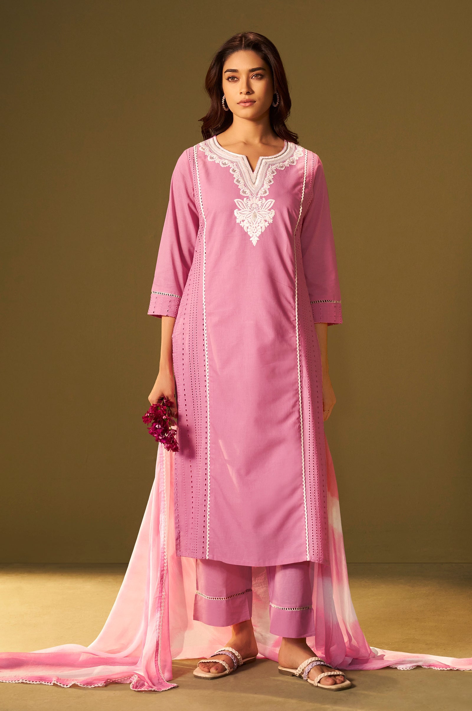 Rosé Bloom Schiffli Embroidered Cotton Kurta Set