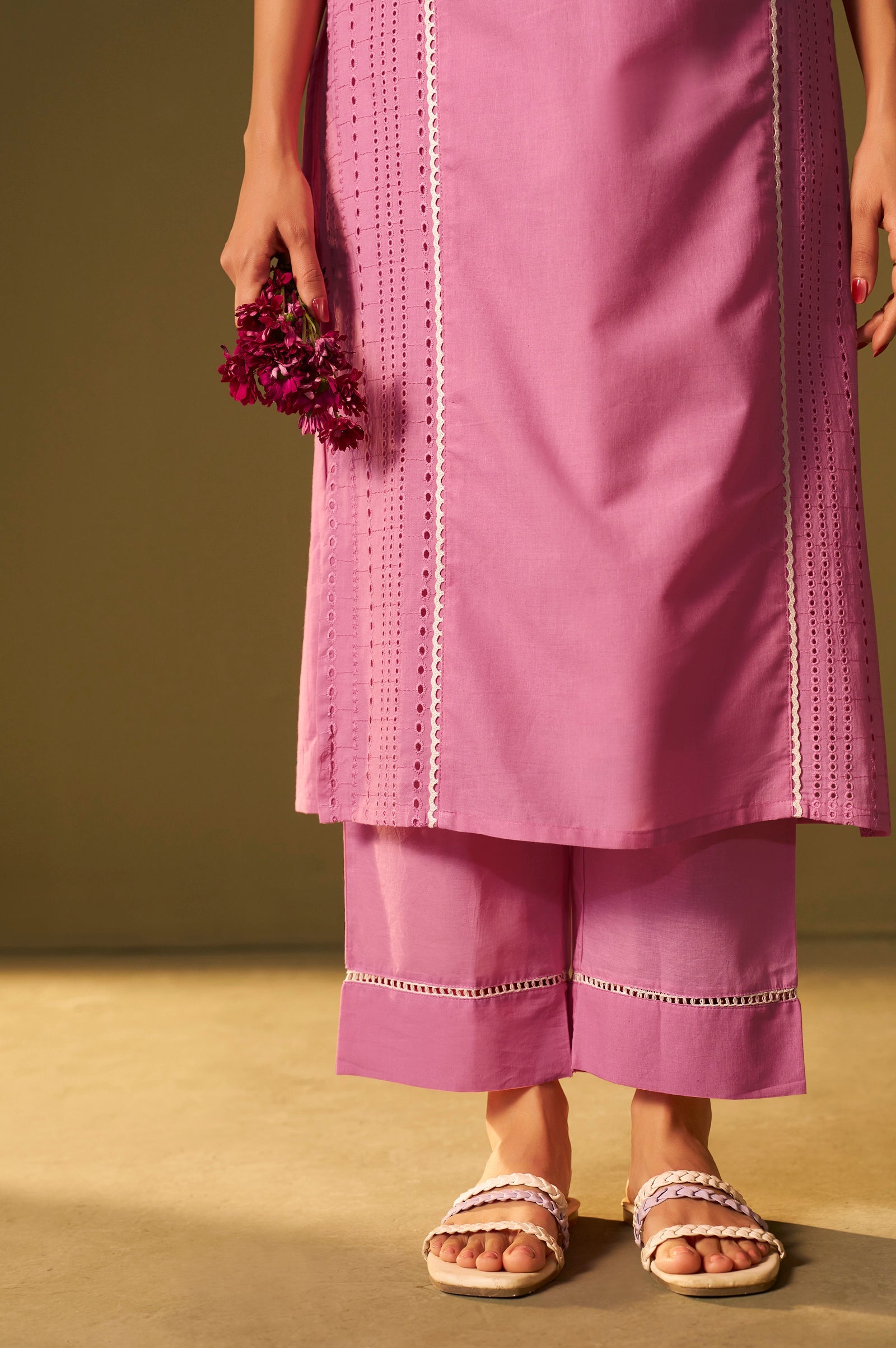 Rosé Bloom Schiffli Embroidered Cotton Kurta Set