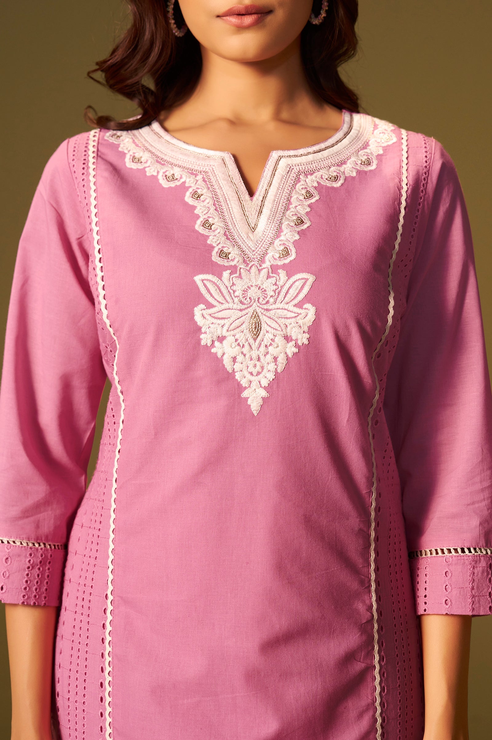 Rosé Bloom Schiffli Embroidered Cotton Kurta Set