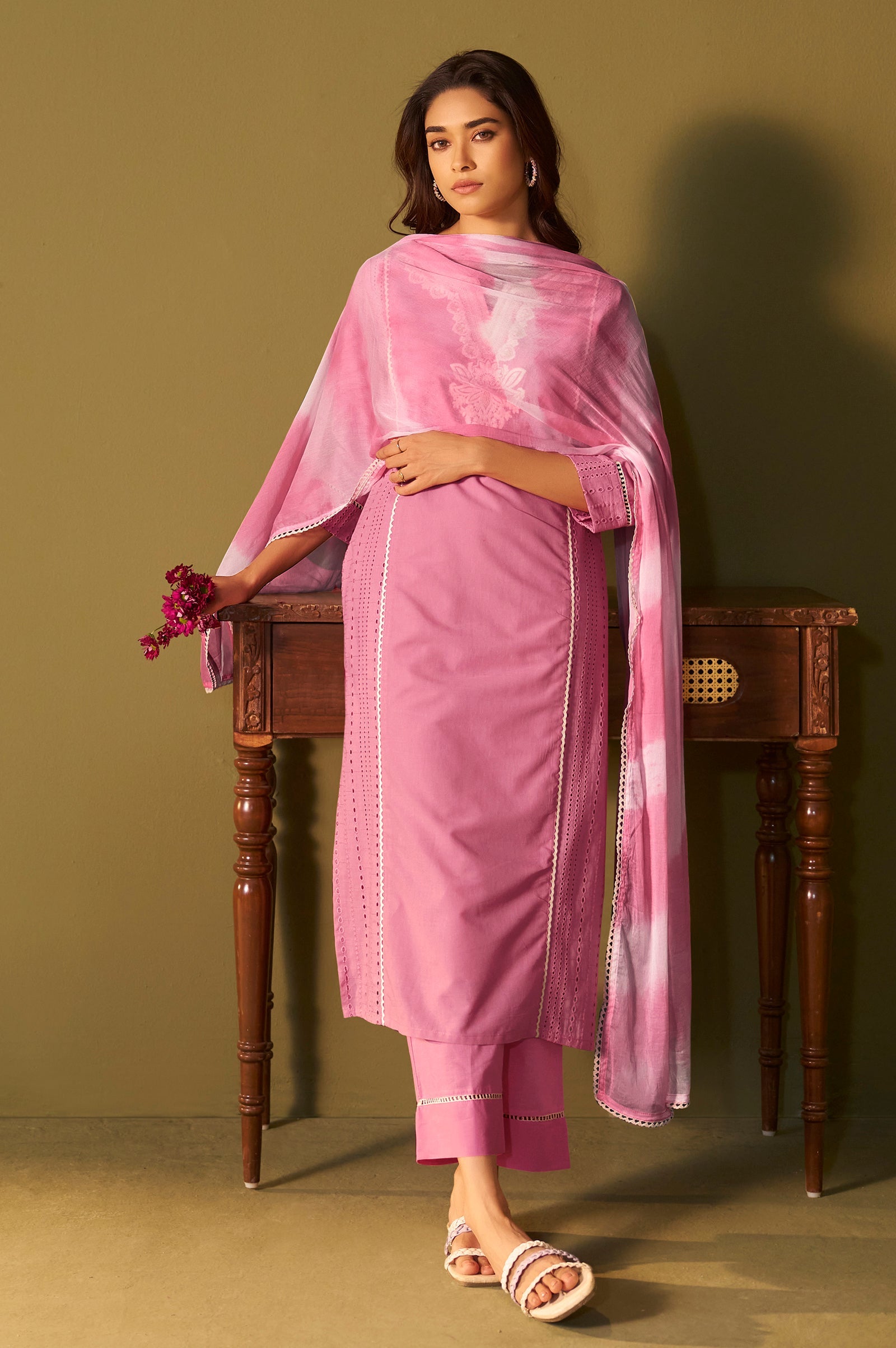 Rosé Bloom Schiffli Embroidered Cotton Kurta Set