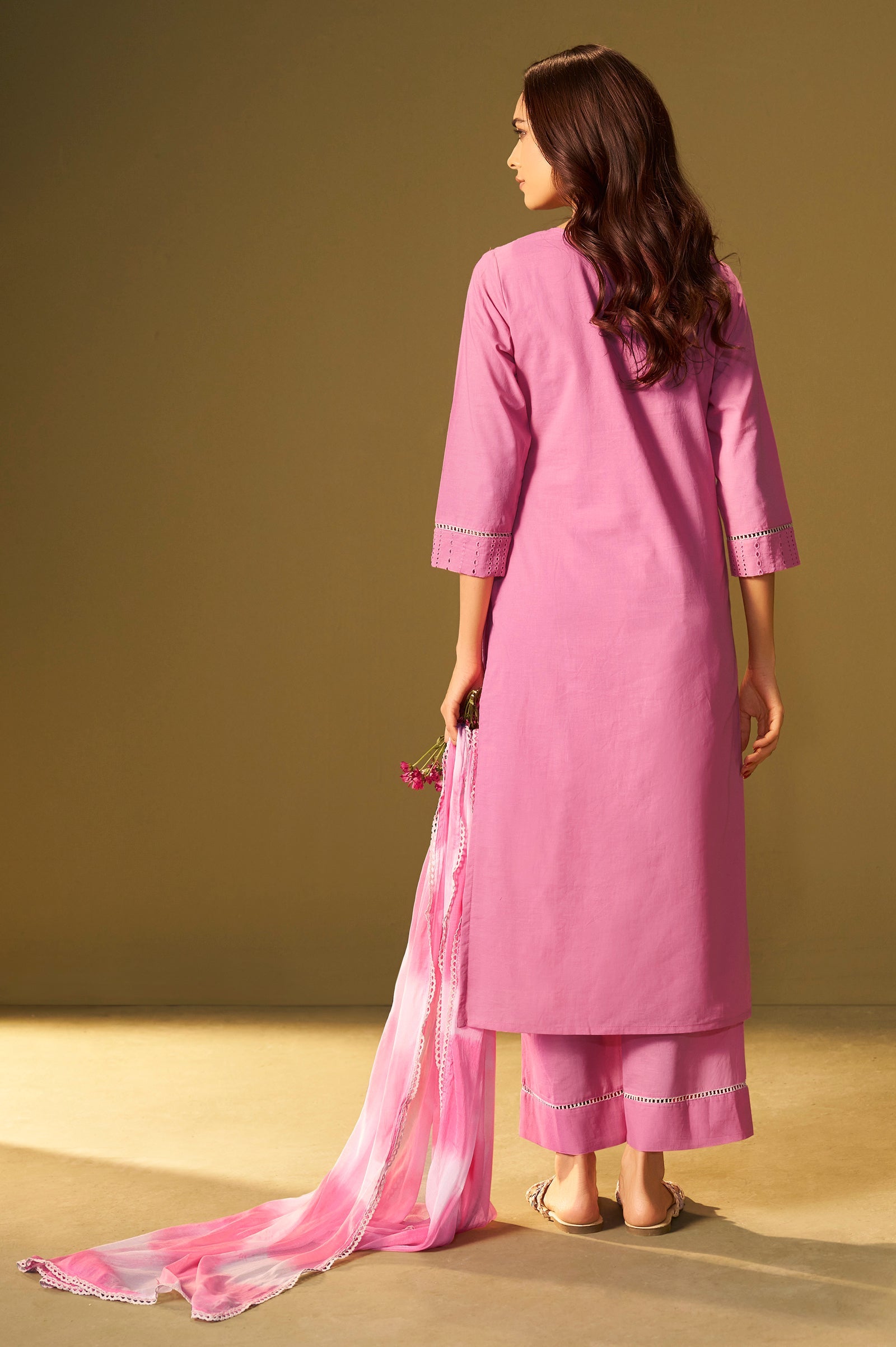 Rosé Bloom Schiffli Embroidered Cotton Kurta Set