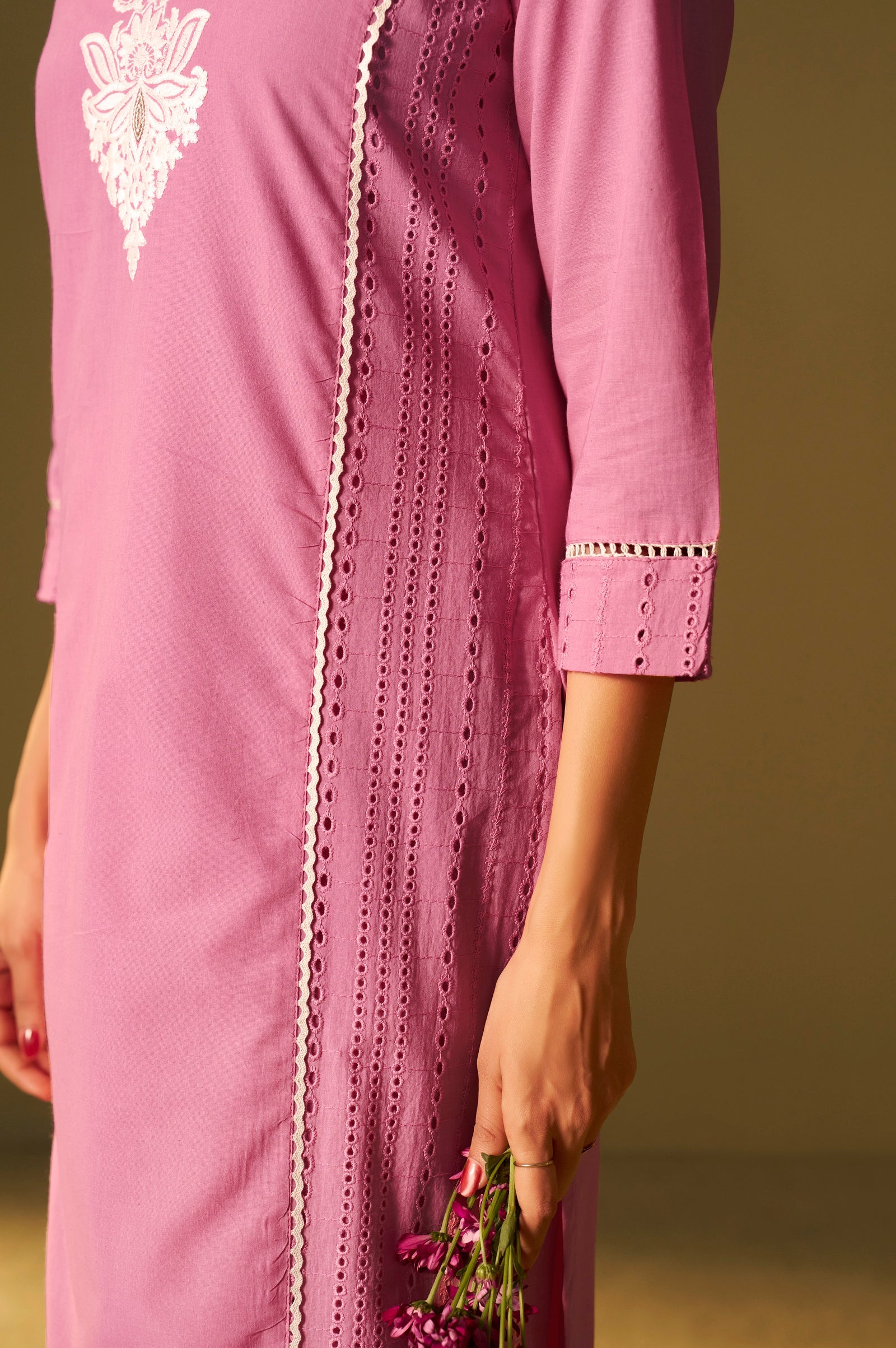 Rosé Bloom Schiffli Embroidered Cotton Kurta Set