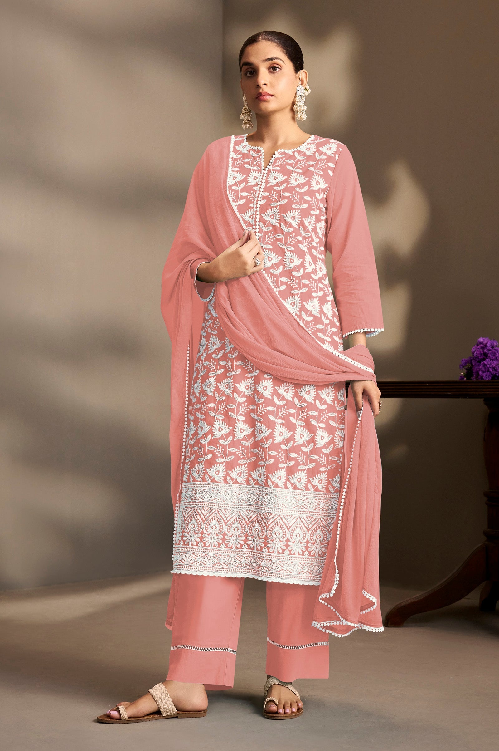 Peach Blossom Schiffli Kurta Set