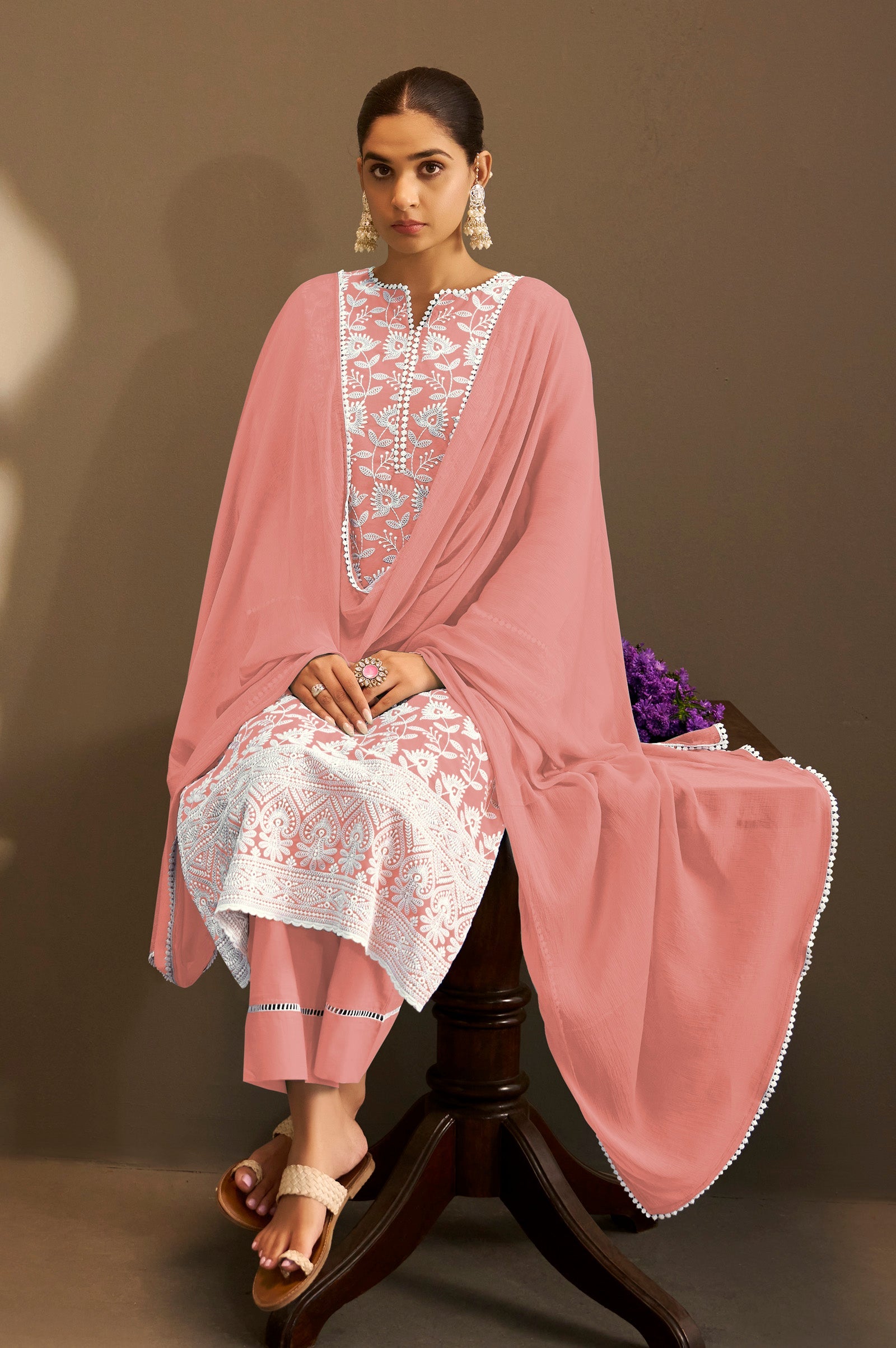 Peach Blossom Schiffli Kurta Set