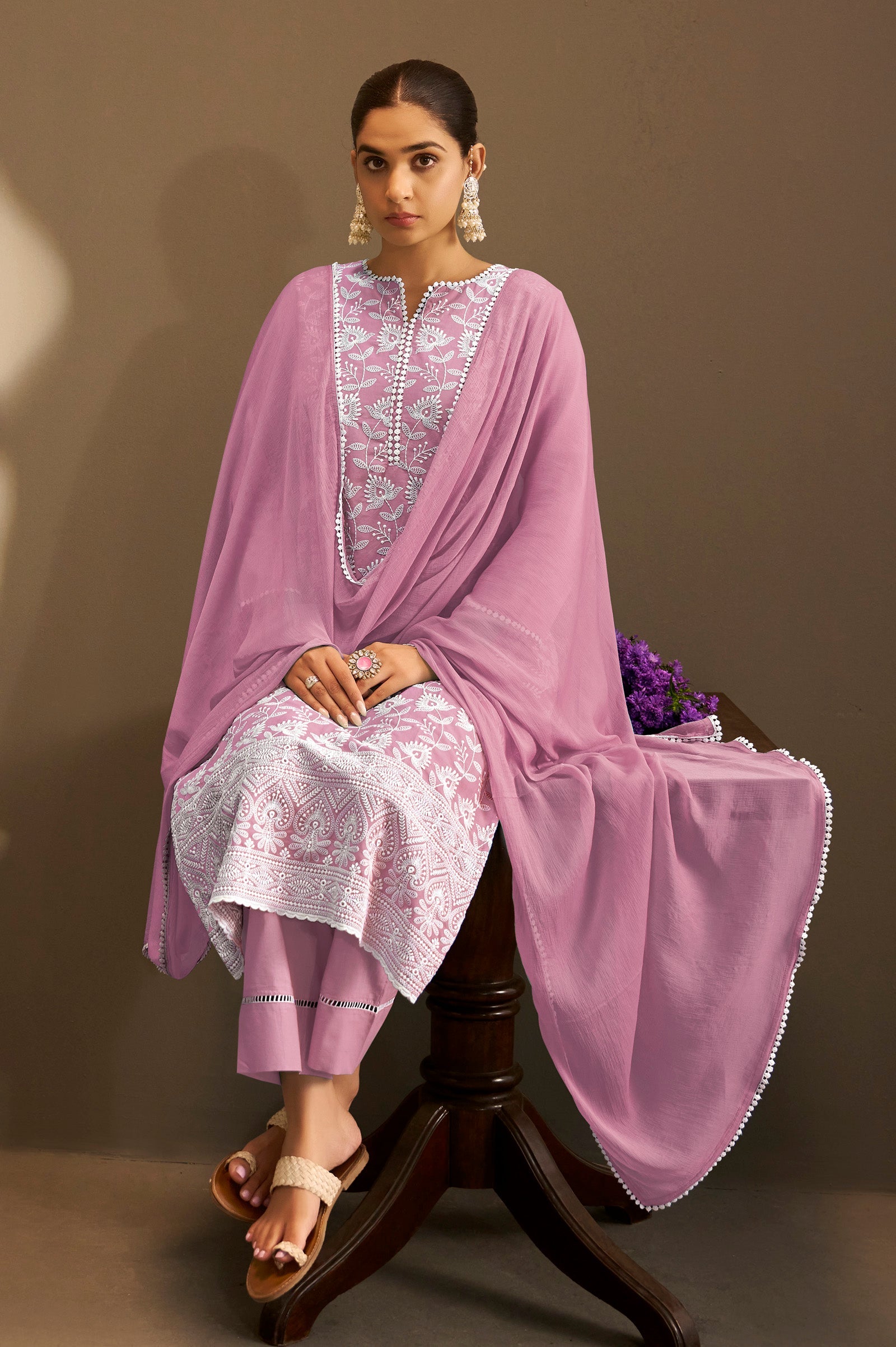 Terracotta Bloom Schiffli Kurta Set