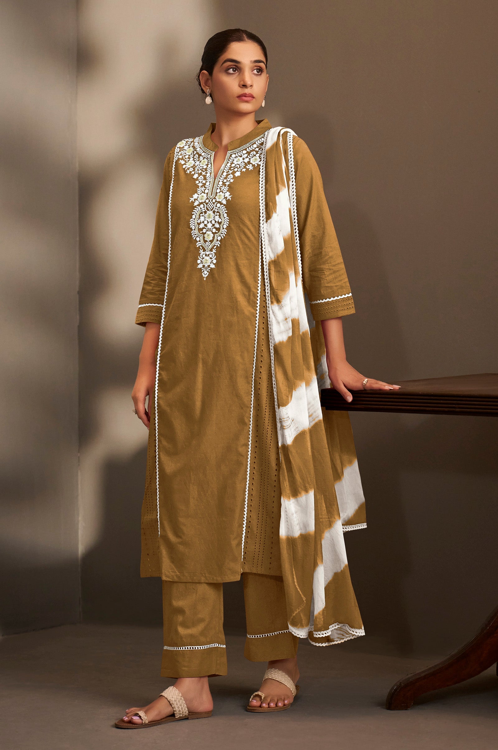 Mocha Elegance Schiffli Embroidered Cotton Kurta Set