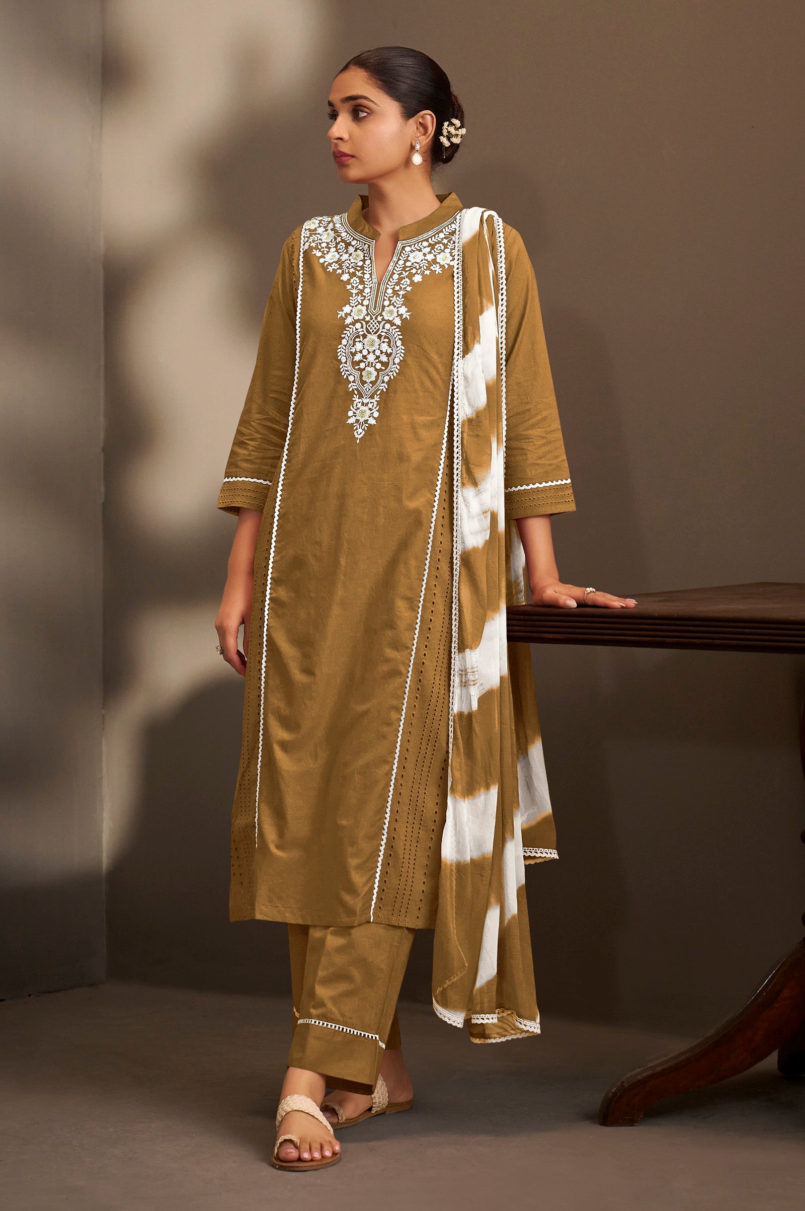 Mocha Elegance Schiffli Embroidered Cotton Kurta Set