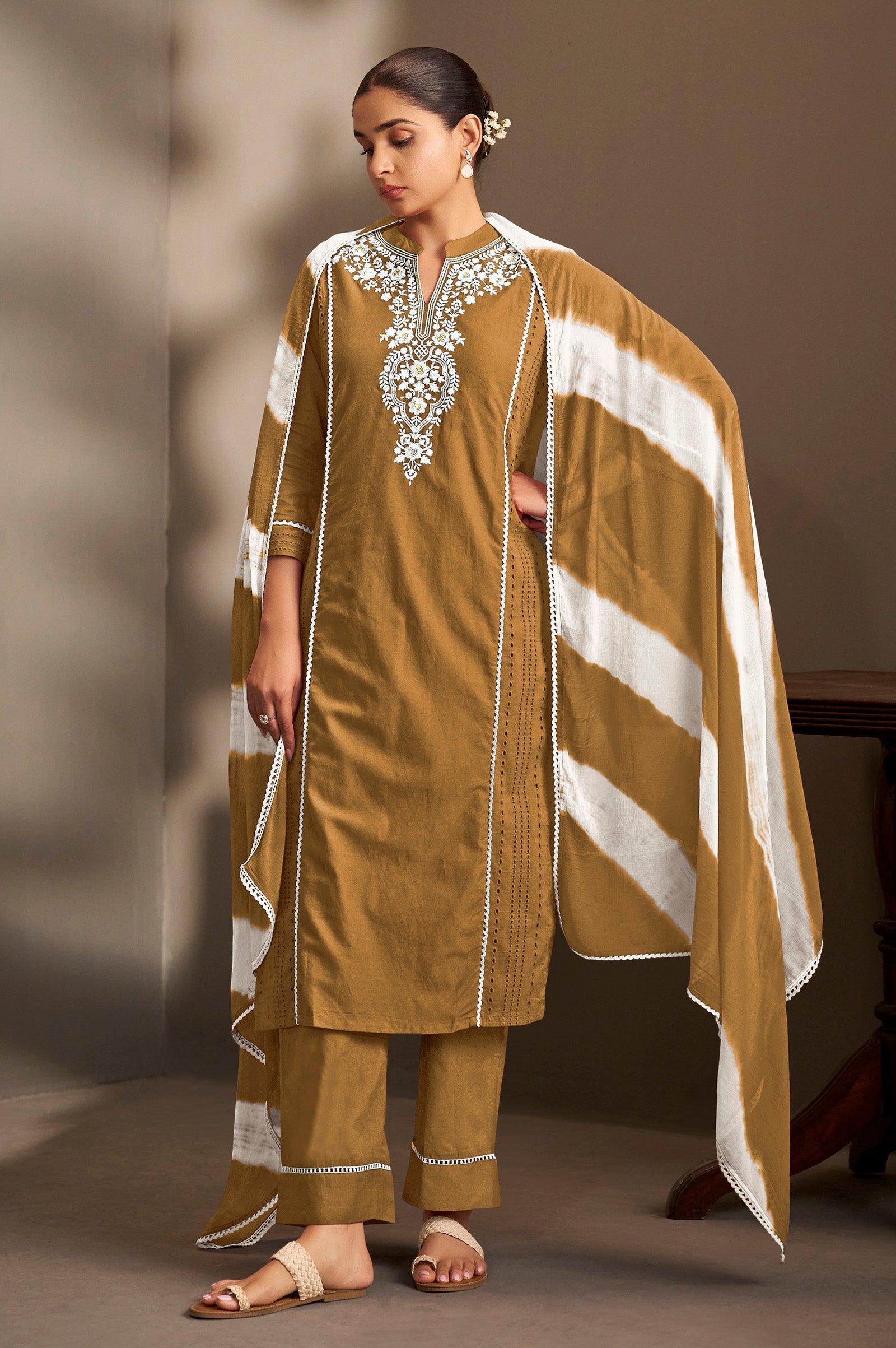 Mocha Elegance Schiffli Embroidered Cotton Kurta Set