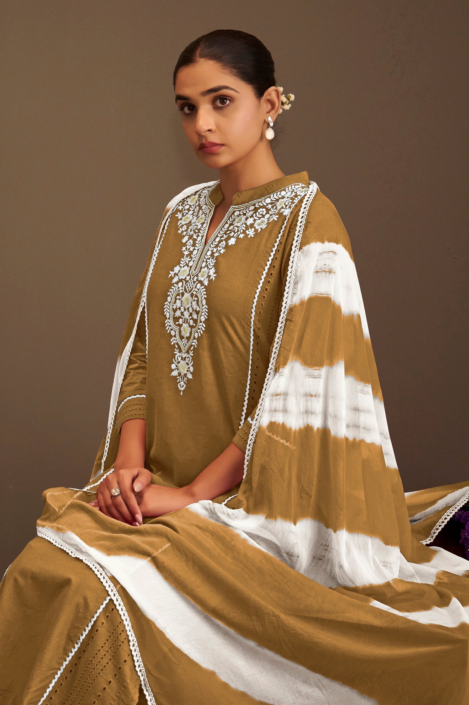 Mocha Elegance Schiffli Embroidered Cotton Kurta Set