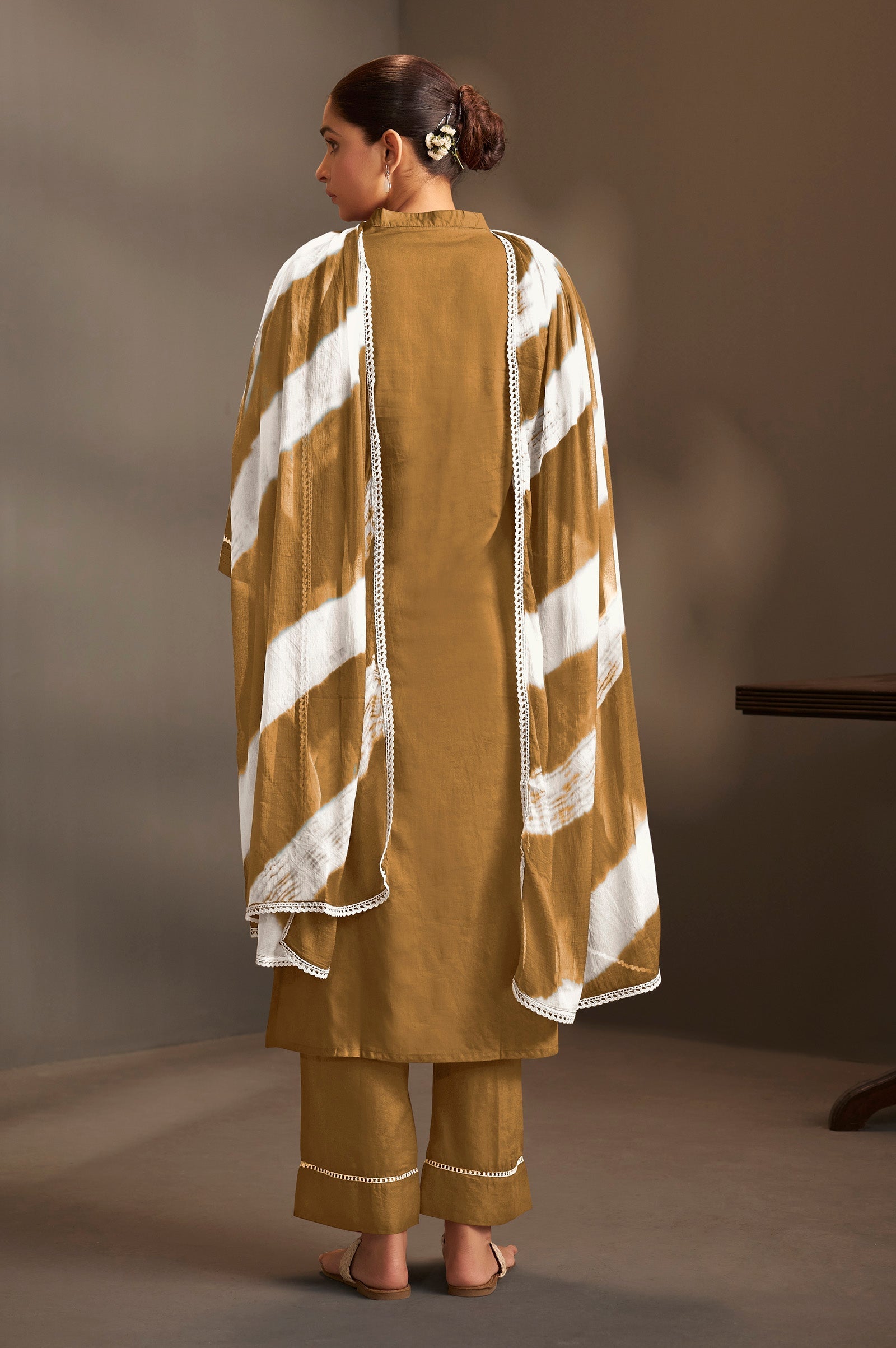 Mocha Elegance Schiffli Embroidered Cotton Kurta Set