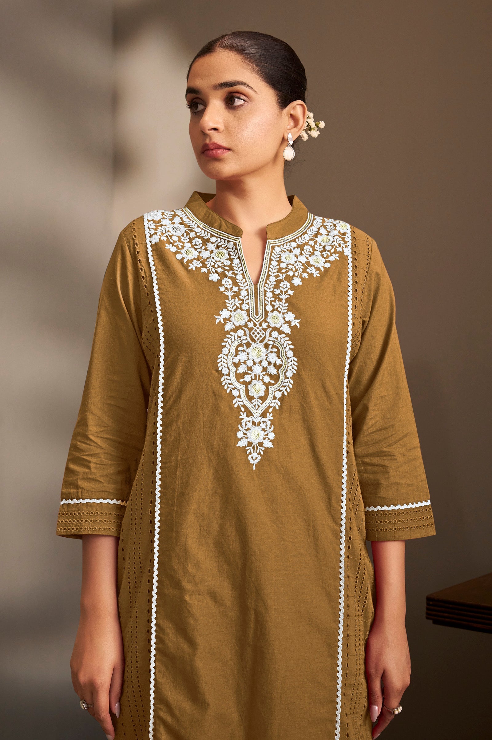 Mocha Elegance Schiffli Embroidered Cotton Kurta Set