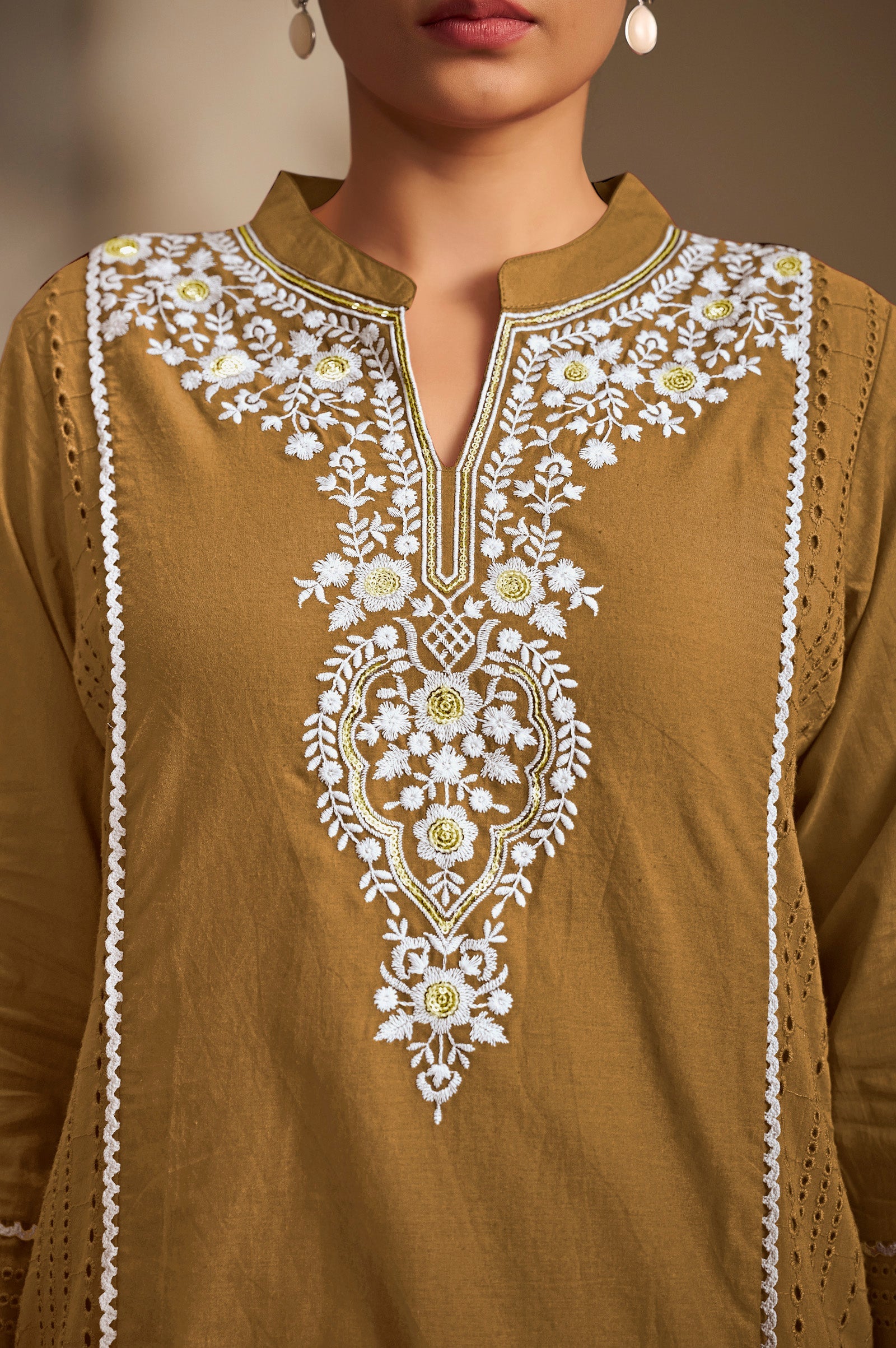 Mocha Elegance Schiffli Embroidered Cotton Kurta Set