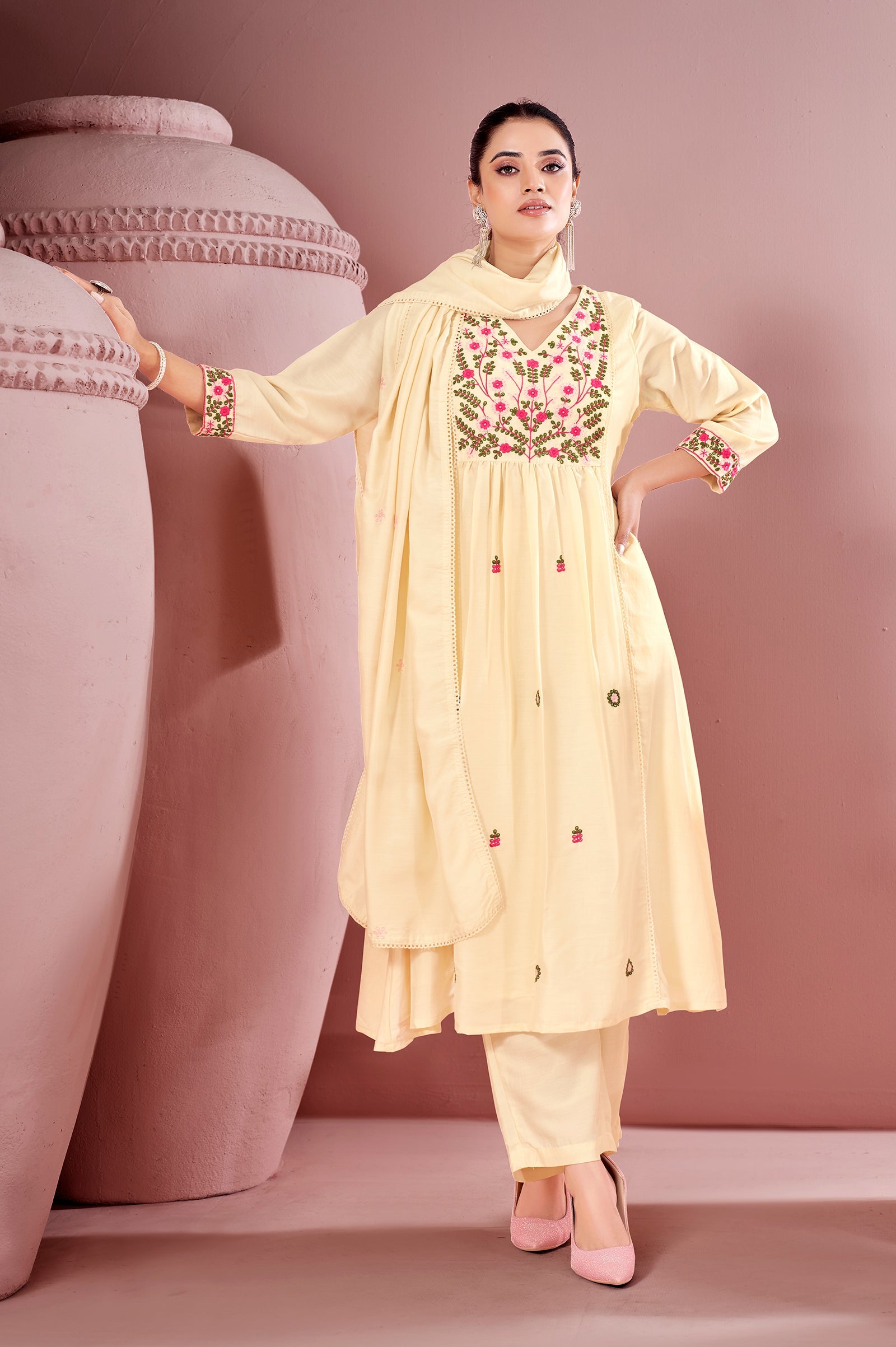 Ivory Bloom Pure Cotton Embroidered Flared Kurta Set