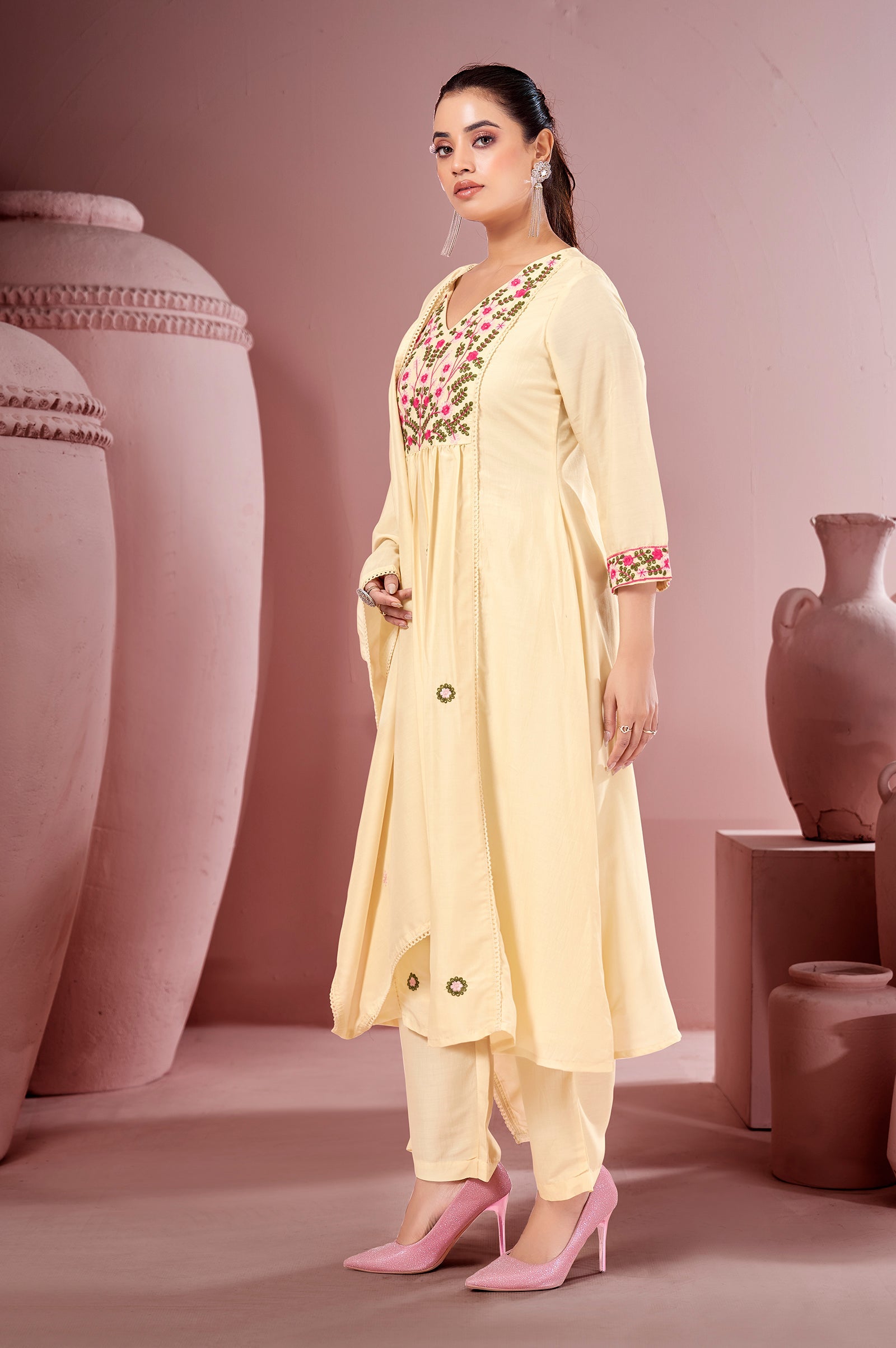 Ivory Bloom Pure Cotton Embroidered Flared Kurta Set